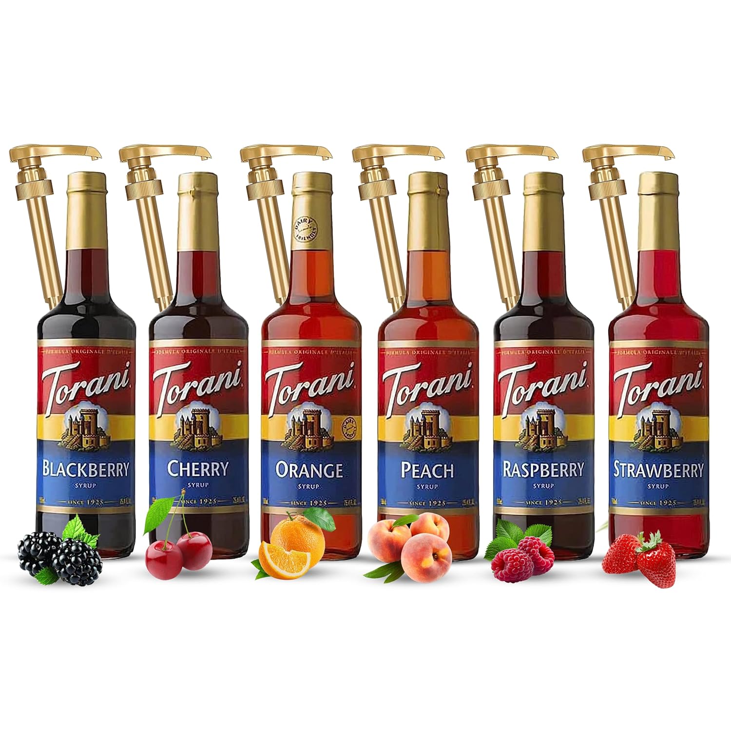 Fruit Bowl Syrup 6 Pack Summer Flavors, Raspberry, Strawberry, Blackberry, Cherry, Orange and Peach - For Italian Soda Coffee, Lattes, Frappes With 6 Jimoco Pump Dispensers