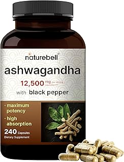 NatureBell Ashwagandha 12,500 mg Equivalent with Black Pepper, 240 Capsules | High Absorption Complex – Extra Strength 25:1 Root Extract – Adaptogens Supplements for Relaxation – Non-GMO