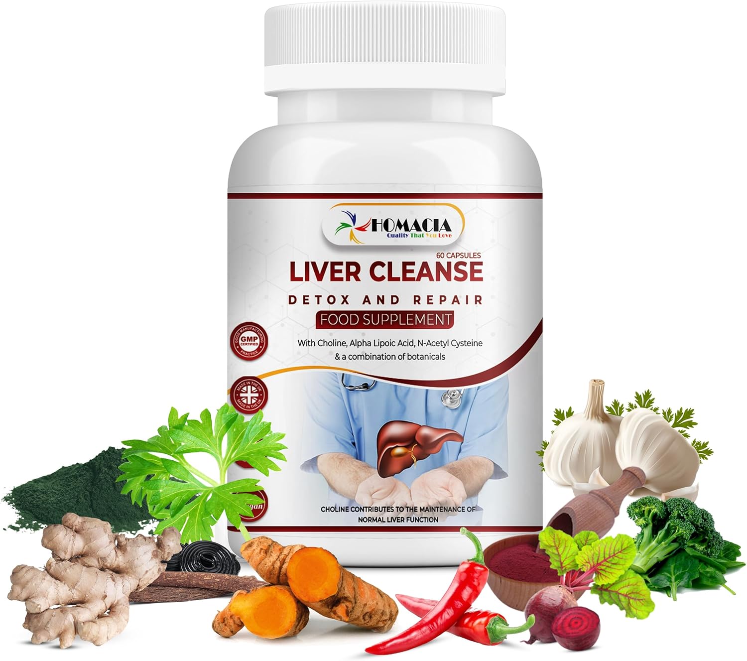 Cleanse Detox and Repair Supplement by Homacia | Choline-Infused Natural & Vegan-Friendly | Liver Health for Women & Men | Liver Support Supplements - 60 Caps