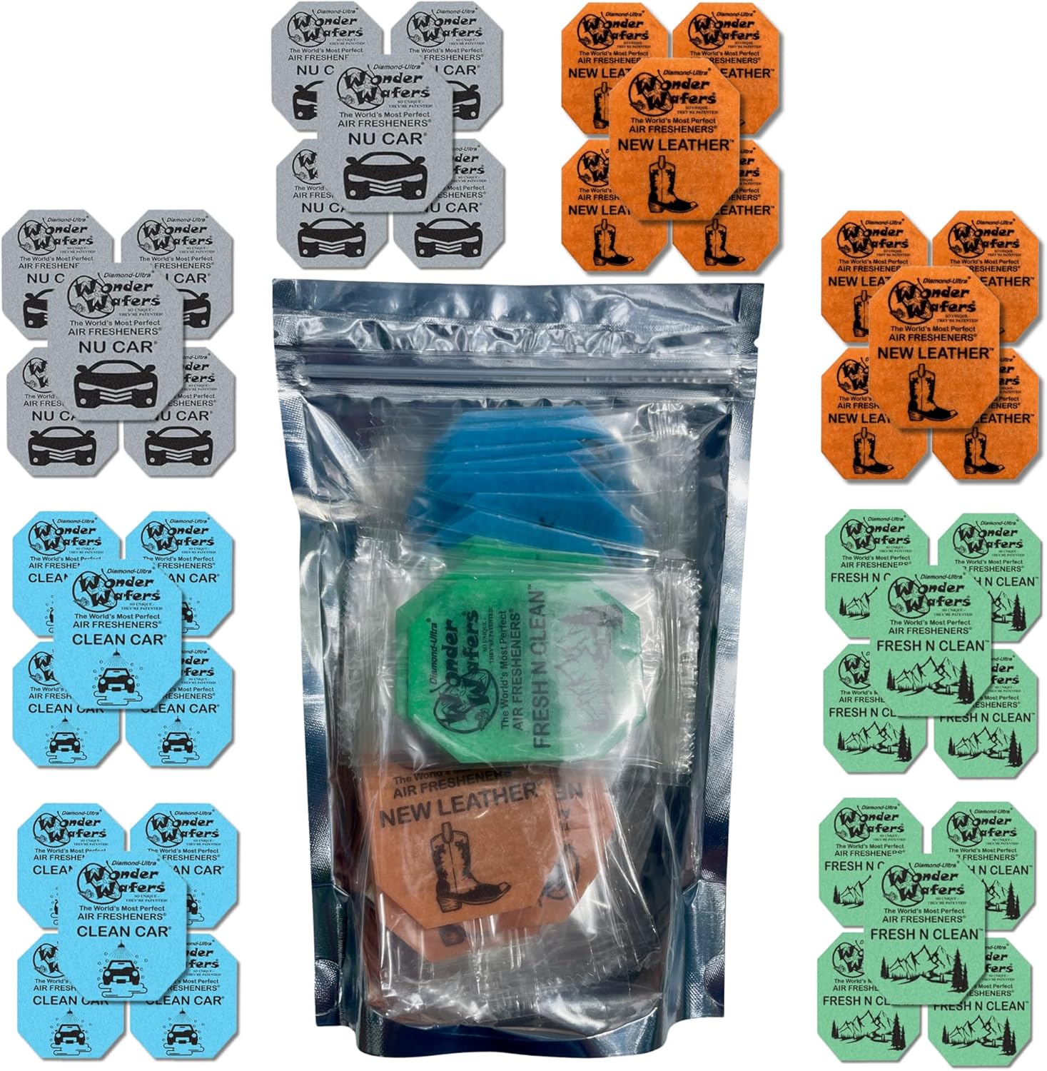 Wonder Wafers 40 Pack Car Air Fresheners - 4 Scent Bundle Variety Pack: Nu Car, New Leather, Clean Car, and Fresh N Clean - 10 Individually Wrapped Wafers of Each Scent!