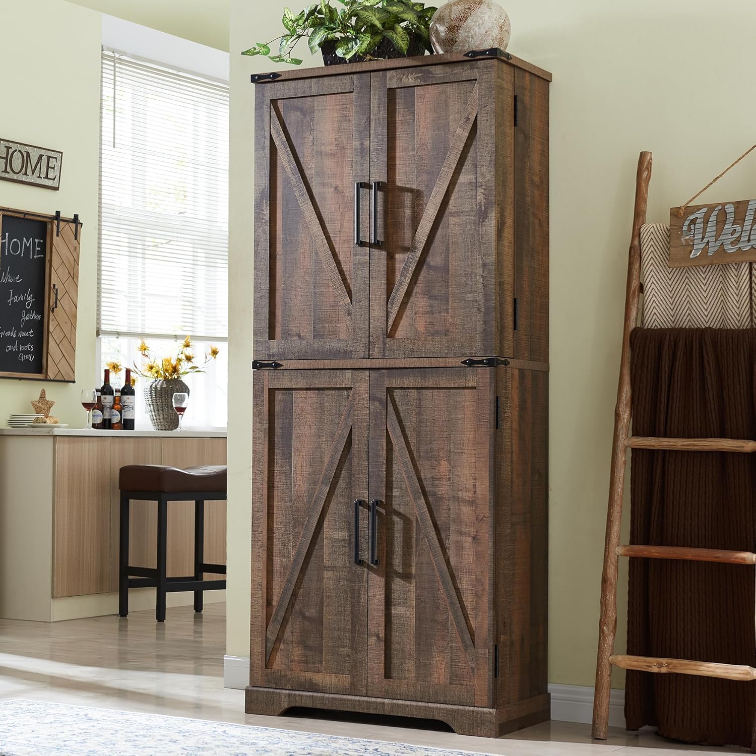 72" Tall Kitchen Pantry, Farmhouse Storage Cabinet with Barn Doors, Organizer, Drawer and Adjustable Shelves, Rustic Wood Cupboard for Kitchen, Dining Room, Bathroom, Rustic Brown