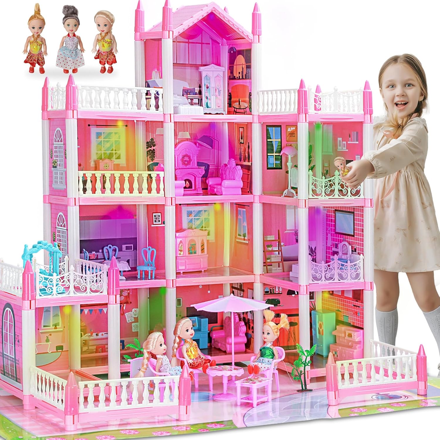 4 Stories Doll House for Girls, DIY Dollhouse Accessories Playhouse with Furniture and 11 Rooms, Pretend Play House with Lights for Kids, Portable Building Dolls Playset Toys Kit Gift for Ages 6+