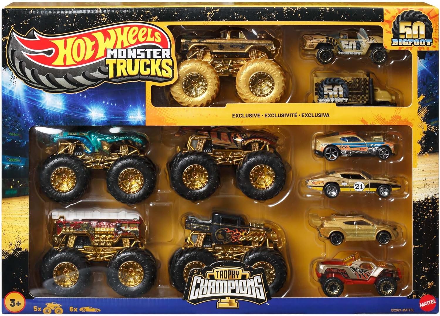 Hot Wheels Toy Cars & Trucks, Monster Trucks Trophy Champions Collection with Die-Cast Bigfoot, 5-Alarm, Bone Shaker, Mega-Wrex & Tiger Shark & 6 Cars, JDW07