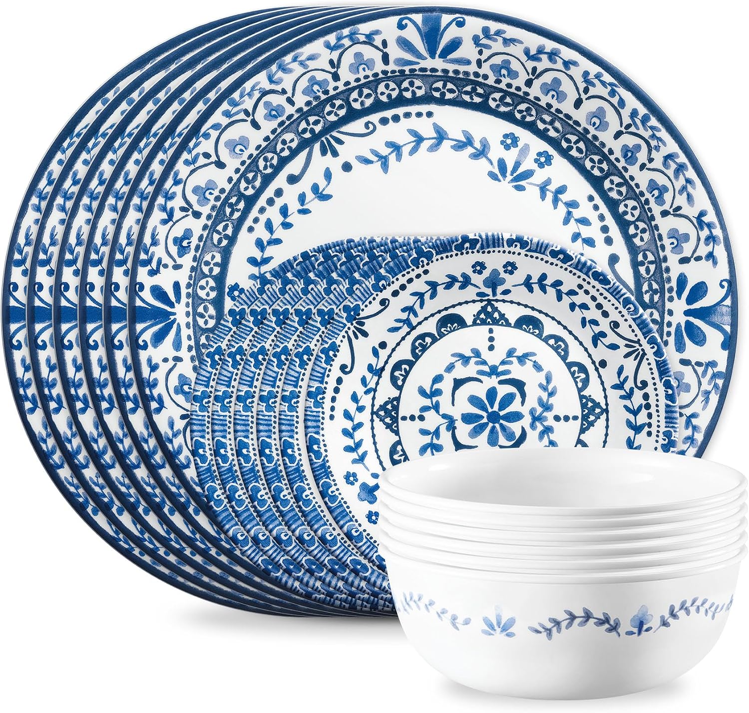 Corelle Vitrelle 18-Piece Service for 6 Dinnerware Set, Triple Layer Glass and Chip Resistant, Lightweight Round Plates and Bowls Set, Portofino