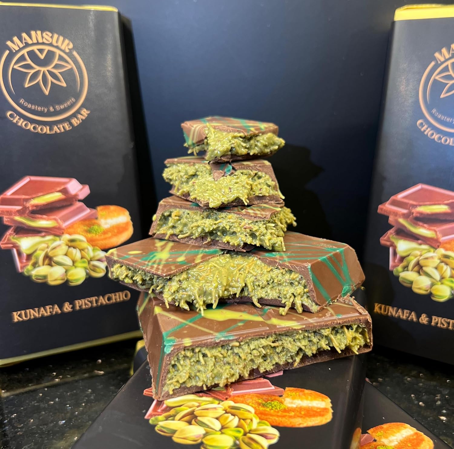 Viral DUBAI Chocolate | Medium Size 110g Chocolate Bar Pistachio Knafeh by MANSUR Est. 1891 | Note: Photos Show 190g Large Bar (Thicker with Extra Filling) – 110g Bar Has Less Filling