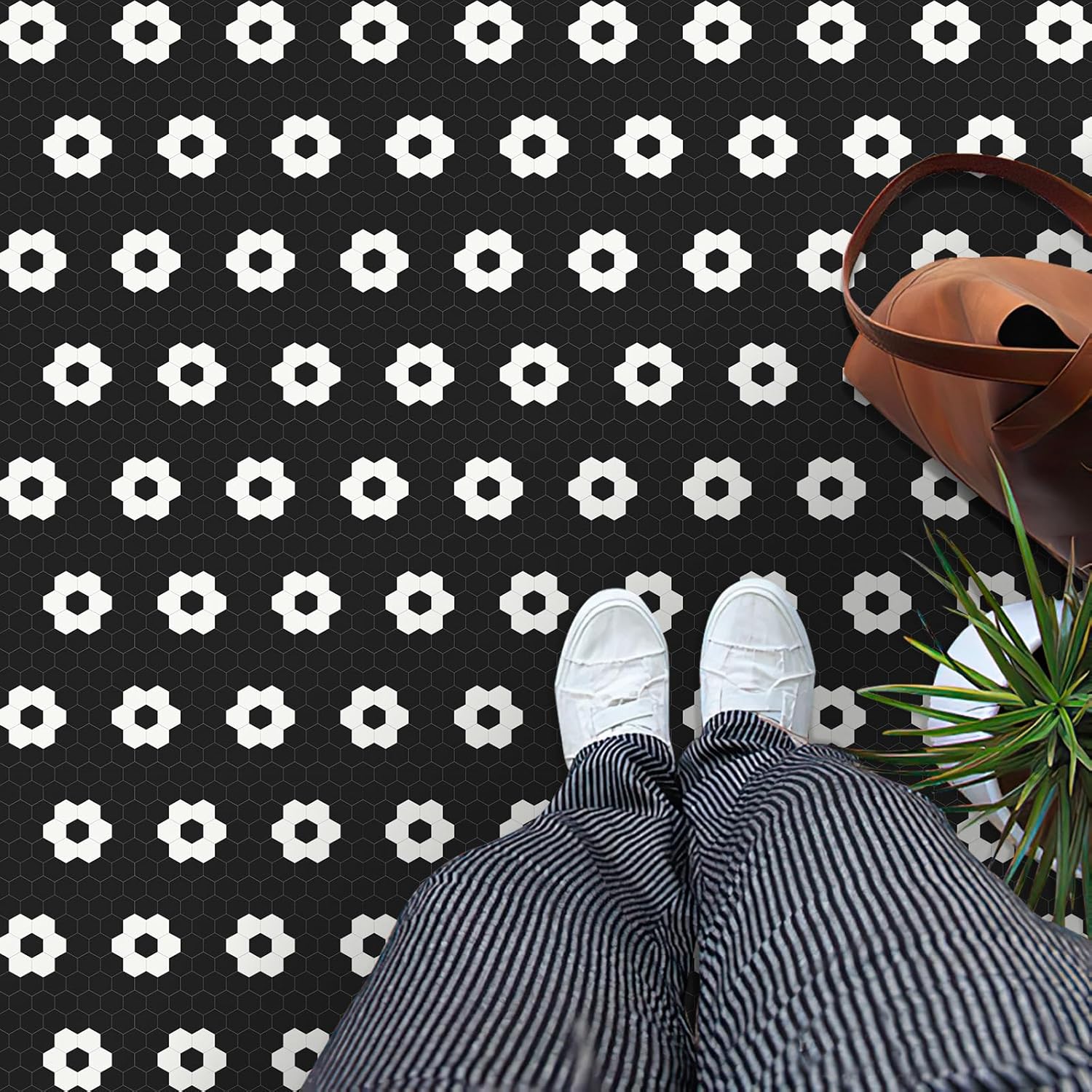 MORCART 20 Pack Peel and Stick 8" x 8" Vinyl Flooring Waterproof DIY Flooring for Bathroom, Kitchen, Fireplace, Pet House, Stairs, Bedrooms, Wall Black