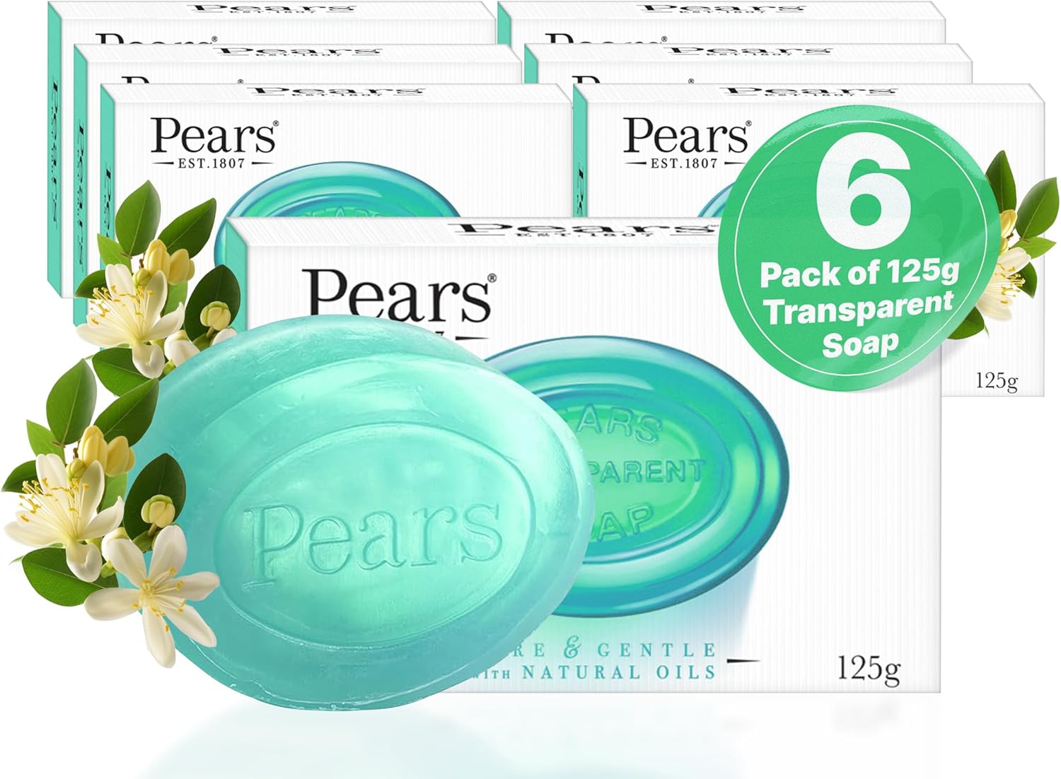 Pears Pure & Gentle Transparent Natural Soap Bar - Made with Lemon Flower Extracts, Nourishing and Refreshing Bathing Cleanser, Gentle & Soothing Skin Care, Pure Transparency, Pack of 6 x 125g