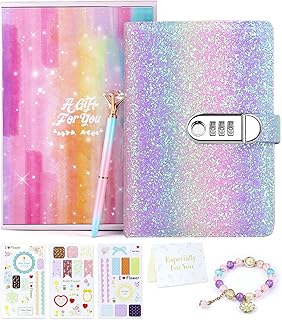 Diary with Lock for Girls, Birthday Gifts for 8 9 10 11 12 Year Old Girls, Kids Journal with Lock and Pen, Password Journal Notebook Kit for Girls, 200 Pages Secrect Diary (Rainbow Purple)