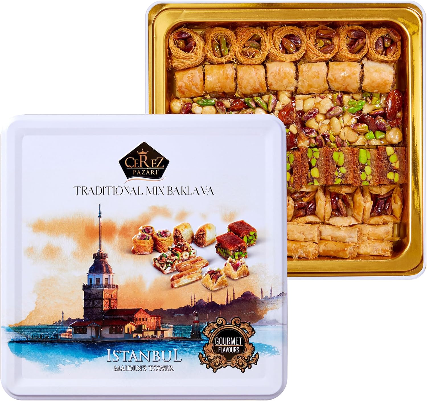 Cerez Pazari Premium Assorted Baklava Gift Metal Box 600g Apprx.45-48 pcs, Turkish Pistachio, Almond, Walnut, Cashew, Hazelnut Traditional Dessert, GMO Free, No Preservatives, No Additives