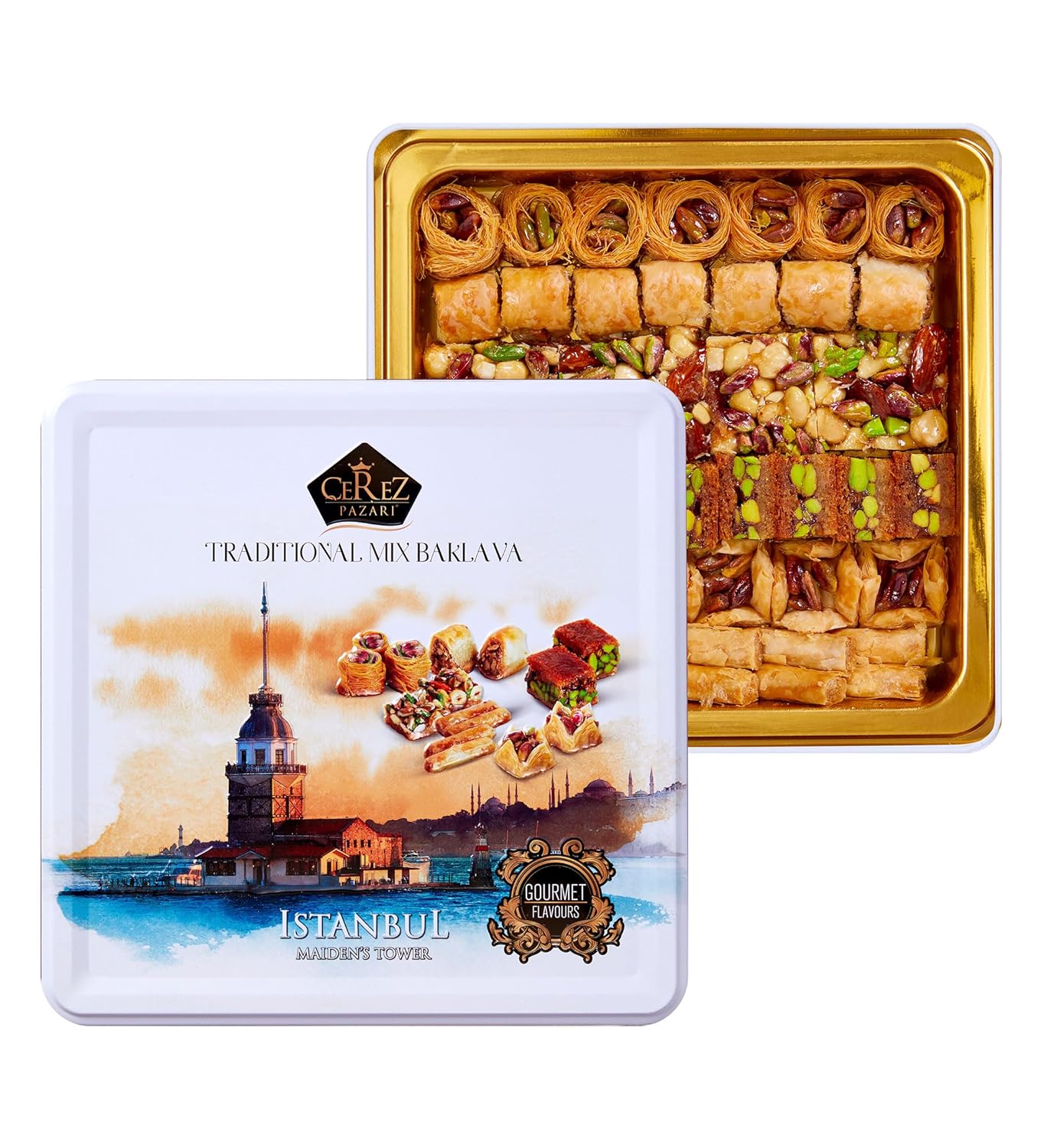 Cerez Pazari Baklava Pastry Gift Set - Turkish Baklava Pastry With Nuts & Spices - Baklava Gift Box From Turkey - Vegan Pastry, Halal Snacks - Assorted 45-48 Pieces Per Metal Dessert Box - 1.32 lbs