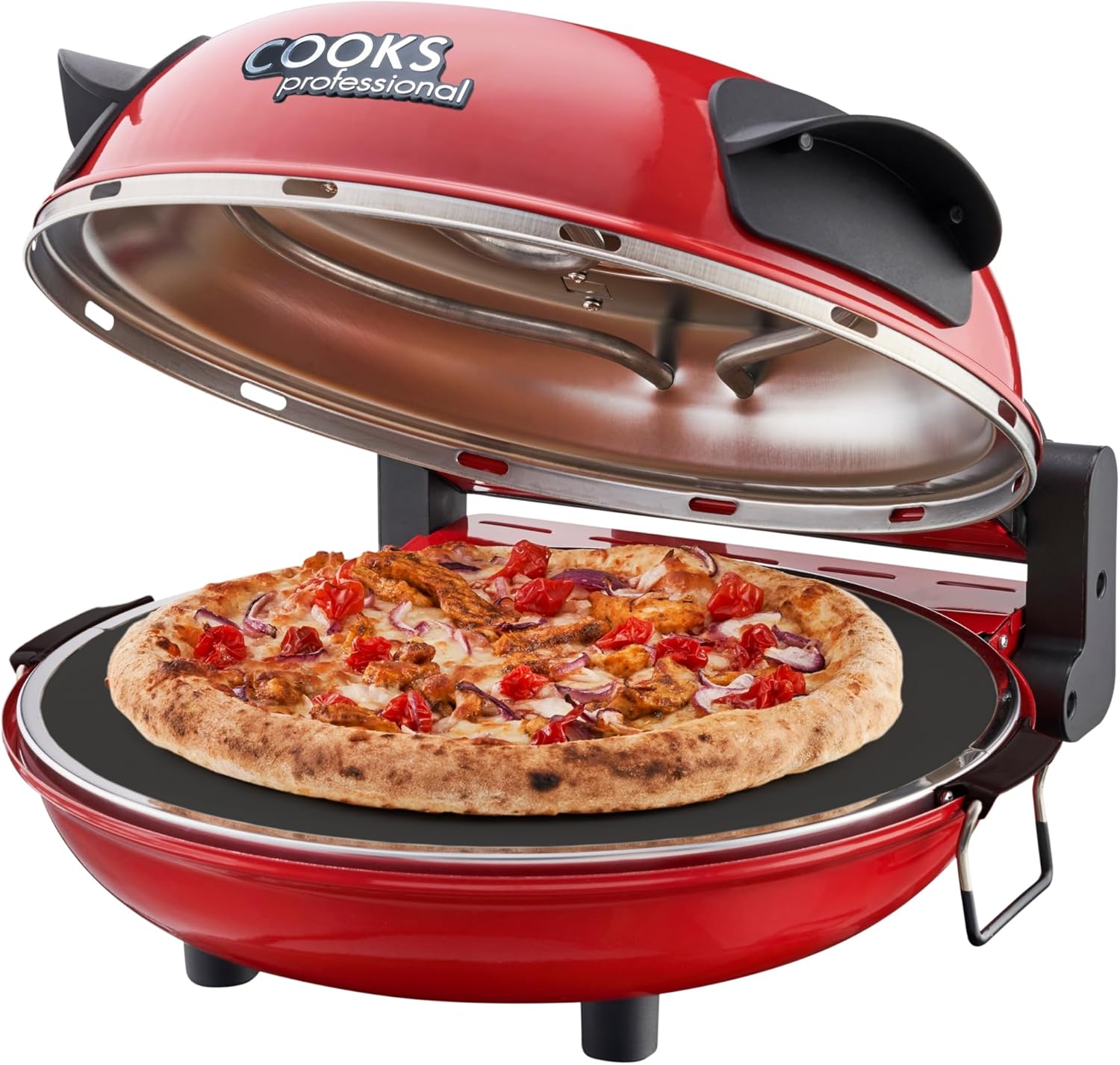 Cooks Professional Electric Pizza Oven with 31cm Stone Base, Glass Window, Timer, Stainless Steel Paddles & Baking Sheet | Energy Efficient Portable Countertop Pizza Maker Machine 1200W | Red