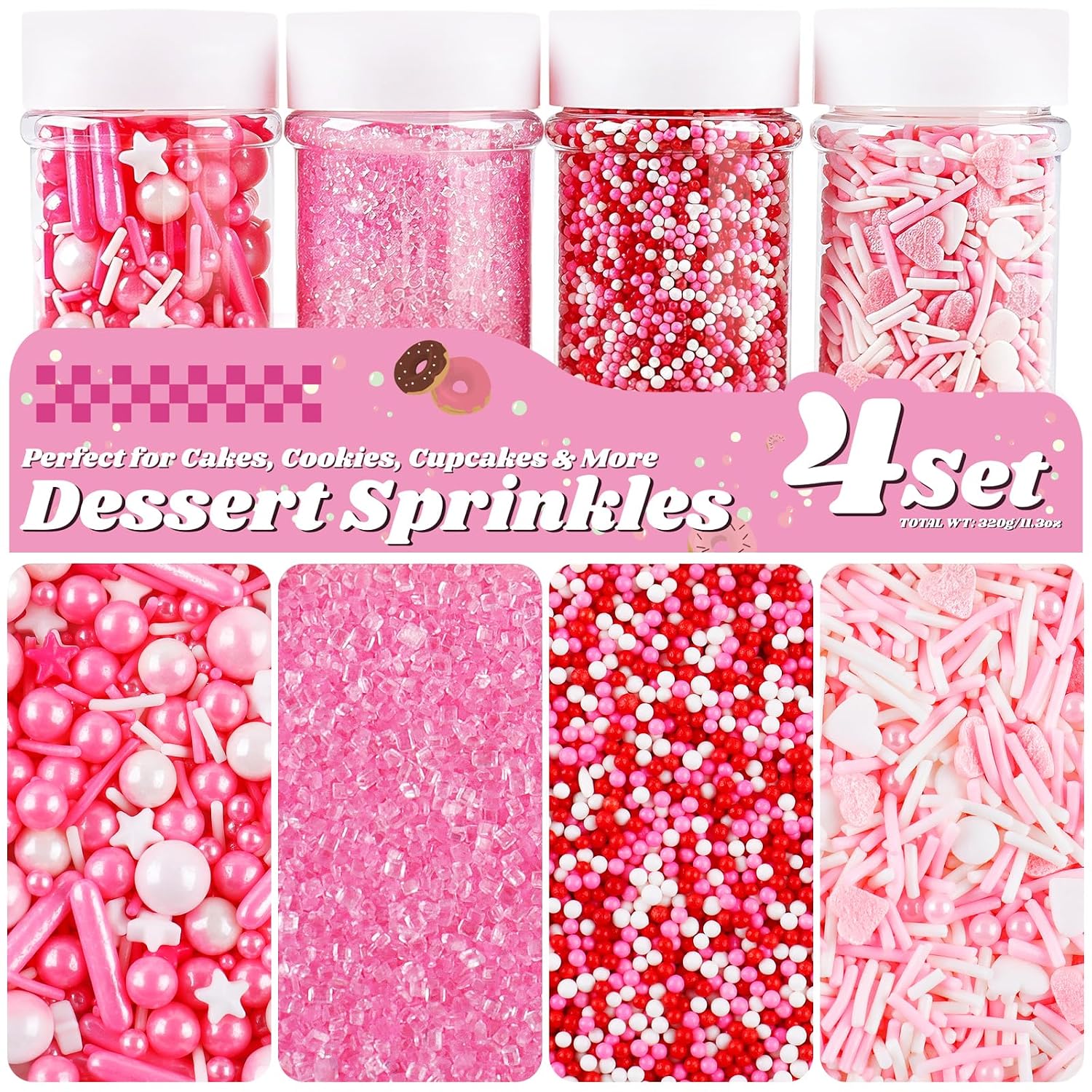 Pink Sprinkles, 11.3oz Edible Pearls Nonpareils Jimmies Sugar Sprinkles
