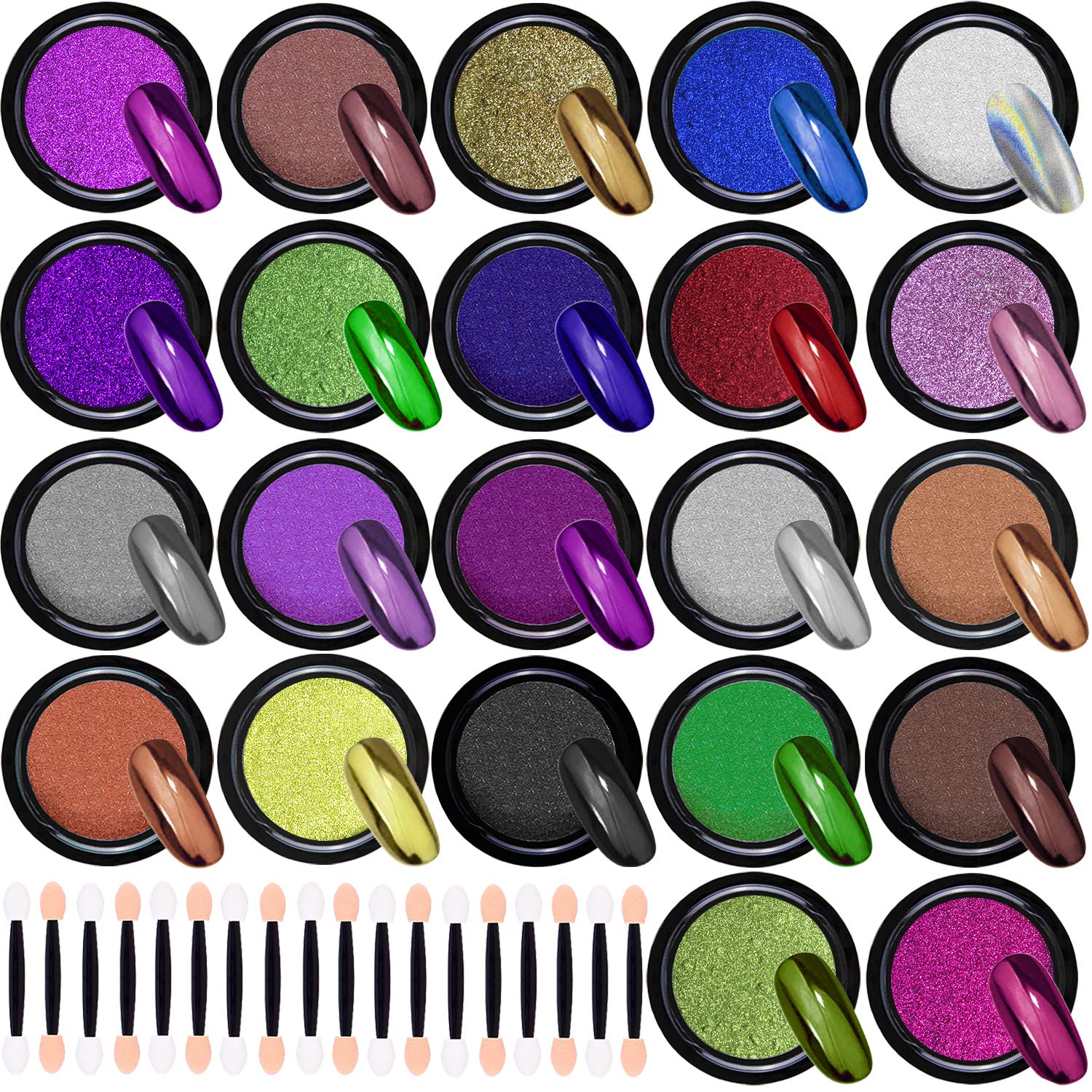 Duufin 22 Colors Chrome Nail Powders Metallic Nail Powder Mirror Effect Nail Art Chrome Powder with 22 Pcs Eyeshadow Sticks, 1g/Jar