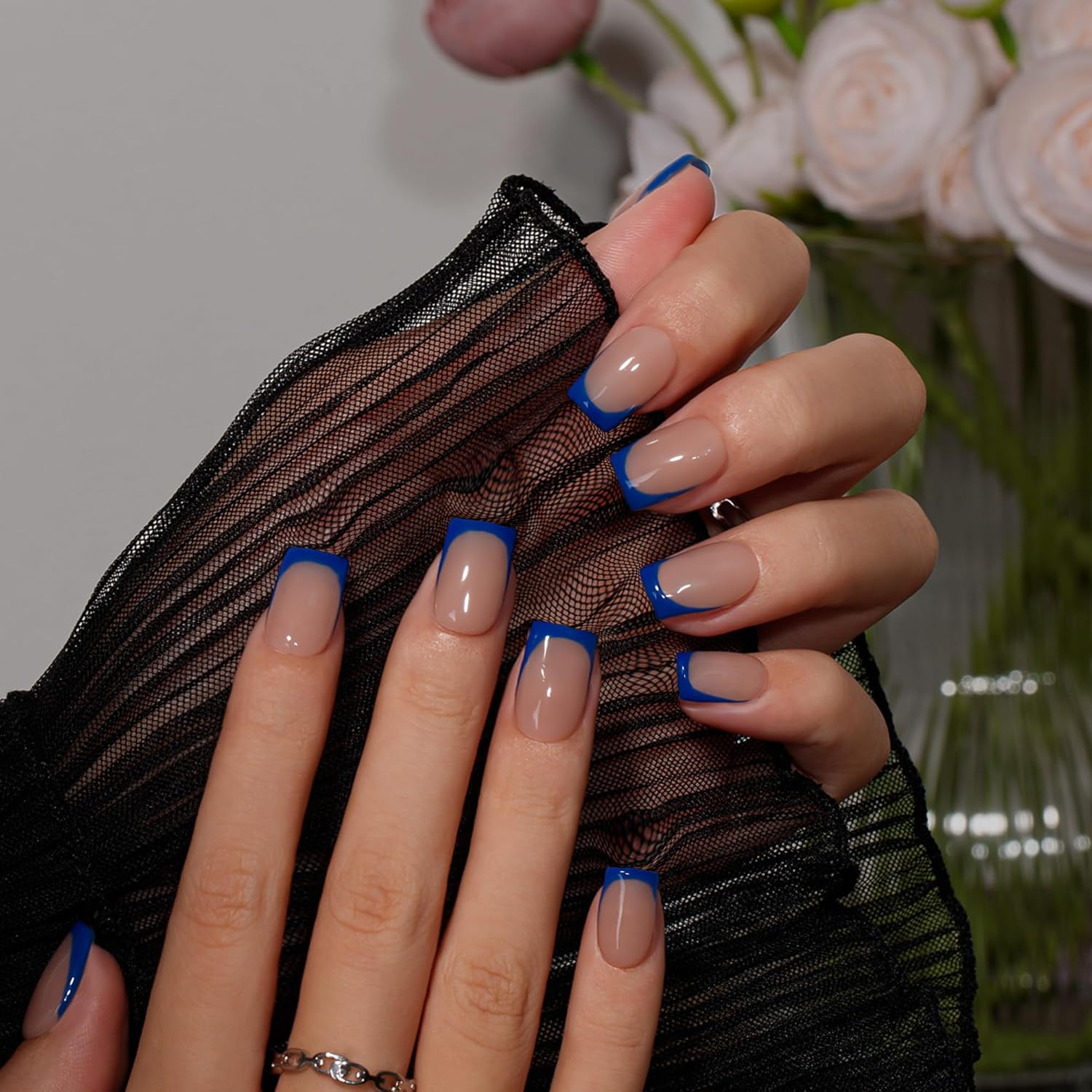 KQueenest Royal Blue French Tip Press On Nails Short Square, 30 Pcs Acrylic Press On Nails With Glue, Natural Nude Short Fake Nails Press ons Navy Blue, Reusable Soft Gel Glue on Nails for Women