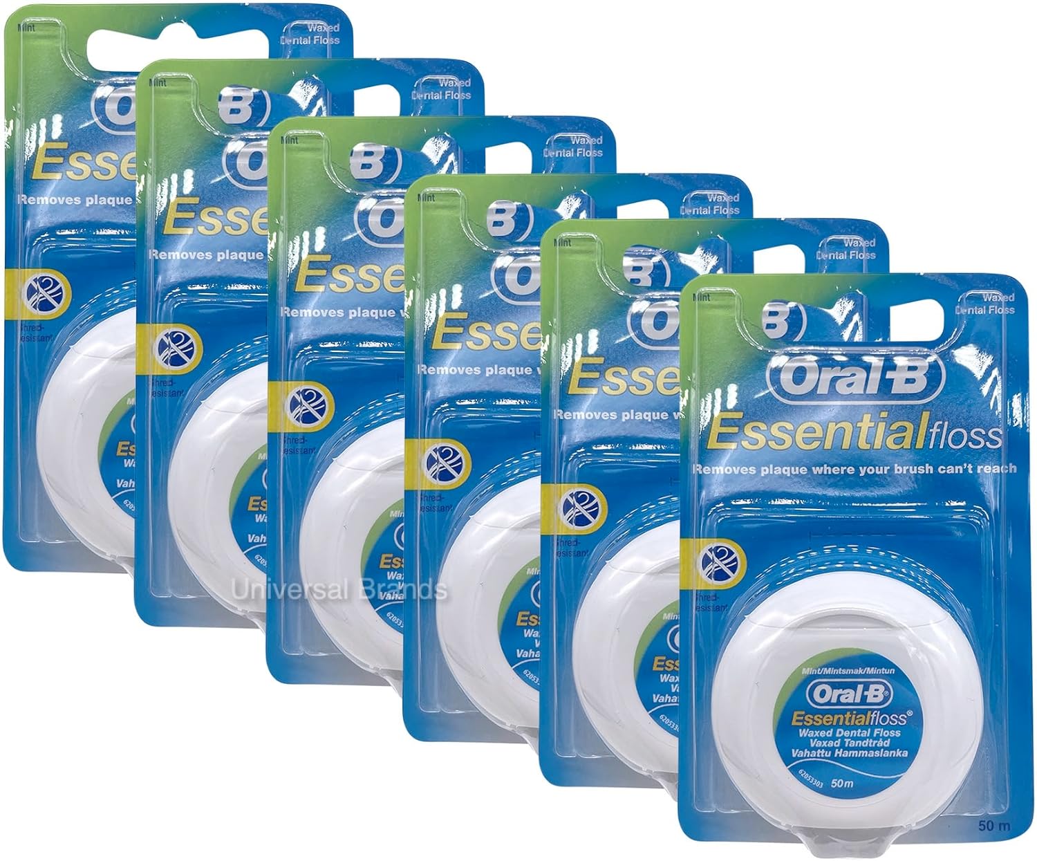 Essential Waxed Mint Dental Floss, 50 m (Pack of 6)