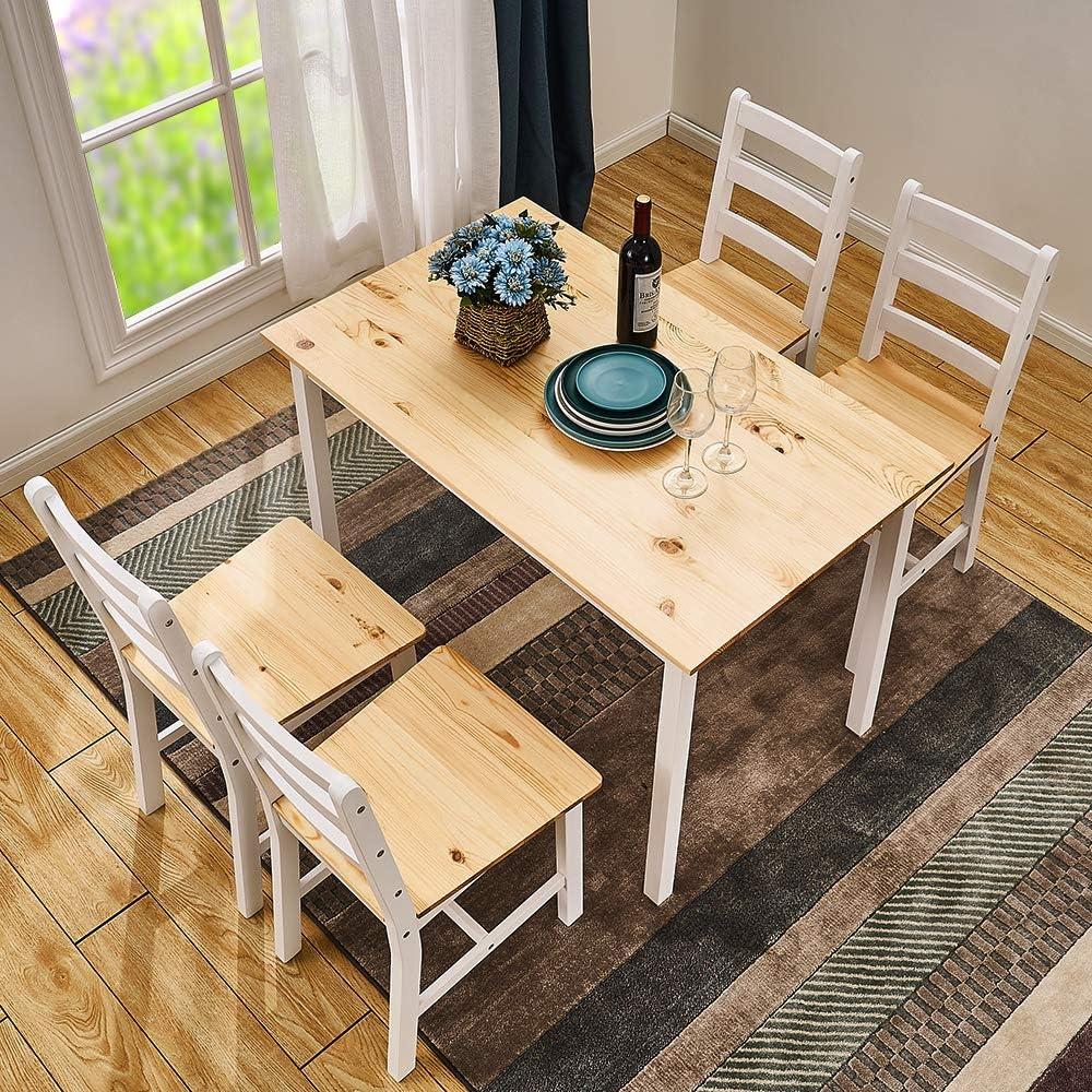Panana Solid Wooden Pine Dining Table and Chairs Set Dining Kitchen Home Furniture (Natural, With 4 Chairs)