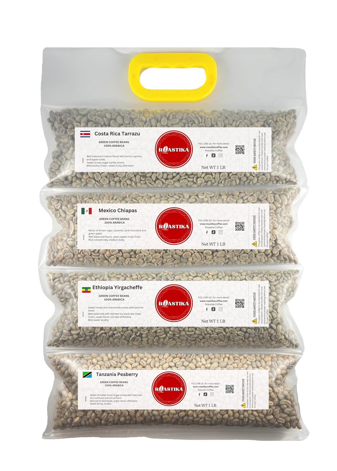 Roastika - Unroasted Coffee Bean - 4lb (pack of 4) - Sampler Pack - Bundle 2A (COSTA RICA TARRAZU/MEXICO CHIAPAS HG EP/ETHIOPIA YIRGACHEFFE/TANZANIA PEABERRY KILIMANJARO) Green Coffee Bean