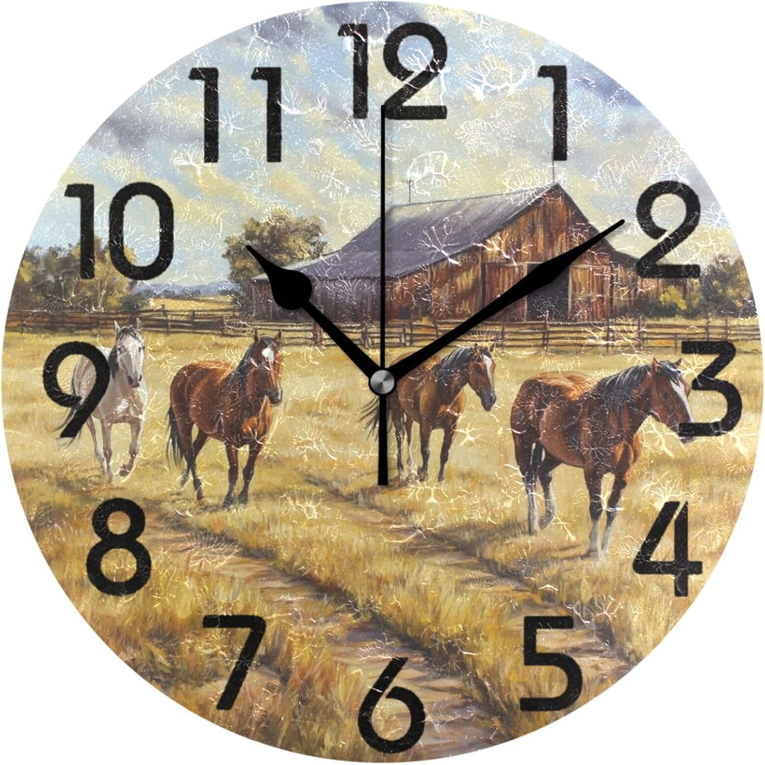 Large 10 Inch Round Wall Clock, Western Style Painting Farm Running Horse Battery Operated Analog Quiet Non Ticking Desk Clock Decor for Home/Kitchen/Living Room/Bedroom/Bathroom/Office/Classroom