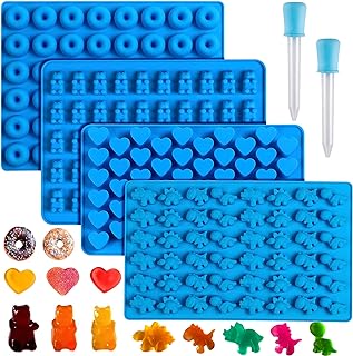 Sidosir 4Pcs Gummy Candy Molds, Gummy Bear Molds, Gummy Dinosaur Molds, Gummy Donut Molds and Gummy Hearts Molds, Non-stick Silicone Candy Molds with 2 Droppers (4Shapes)
