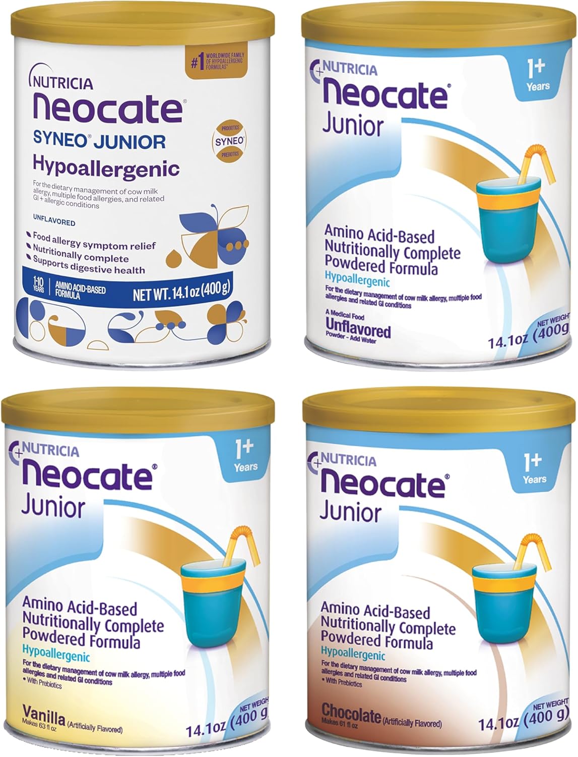 Nutricia Neocate Junior Baby Formula – Hypoallergenic, Dairy-Free, Amino Acid-Based – Chocolate, Vanilla, Syneo Junior, Unflavored – Powdered Formula for 1+ Years - Bundle (Pack of 4)