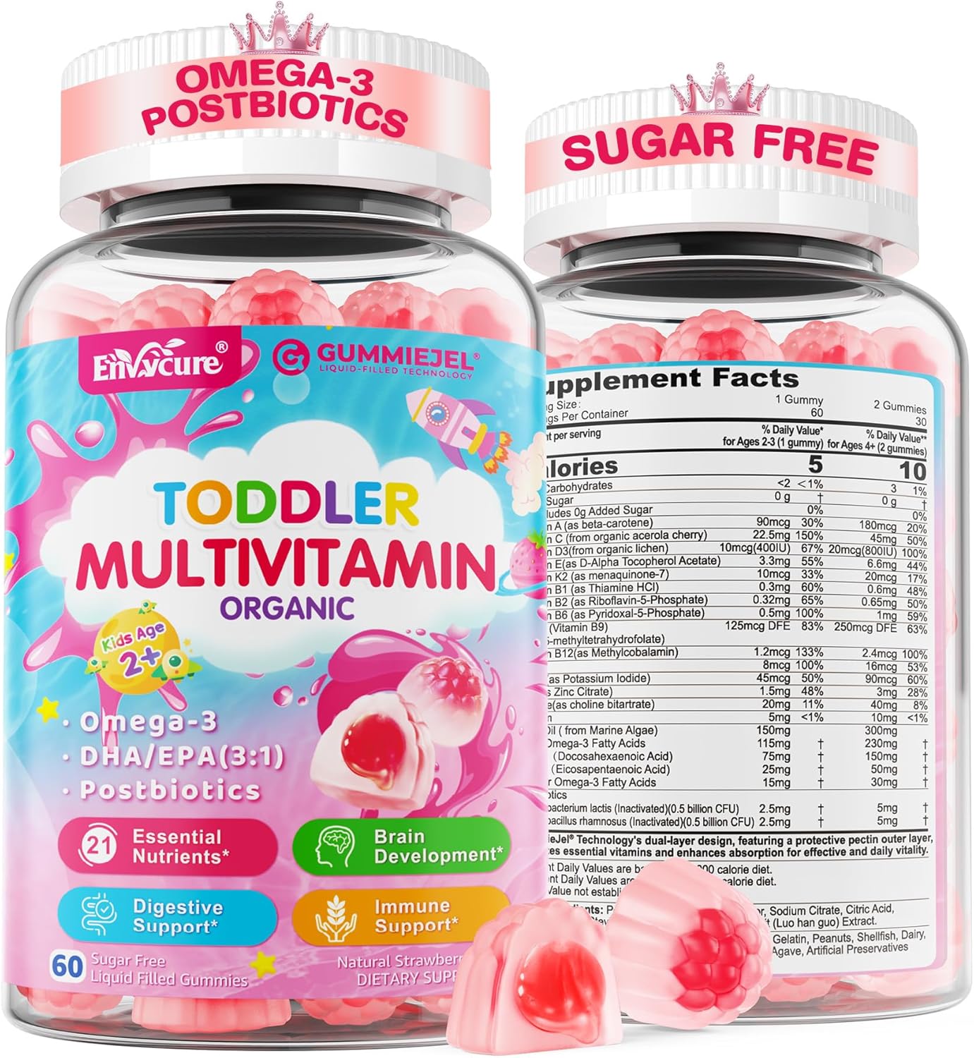 Organic Toddler Multivitamin Gummies + Omega-3 (DHA/EPA), Postbiotics | kids 2+ multivitamin | Vitamins A C D3 Methyl B12 Folate Zinc, for Immune, Digestive, Brain, Healthy Growth, Sugar-Free, 60Cts