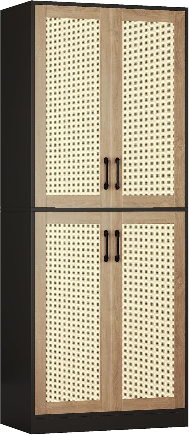 Storage Cabinet - Kitchen Pantry Cabinet, Rattan Cabinet, Tall Storage Cabinet with 4 Doors and Adjustable Shelf, Freestanding Cupboard for Kitchen, Bathroom, Laundry, Utility Room, Black, 67" H