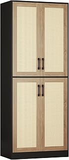 Storage Cabinet - Kitchen Pantry Cabinet, Rattan Cabinet, Tall Storage Cabinet with 4 Doors and Adjustable Shelf, Freestanding Cupboard for Kitchen, Bathroom, Laundry, Utility Room, Black, 67" H