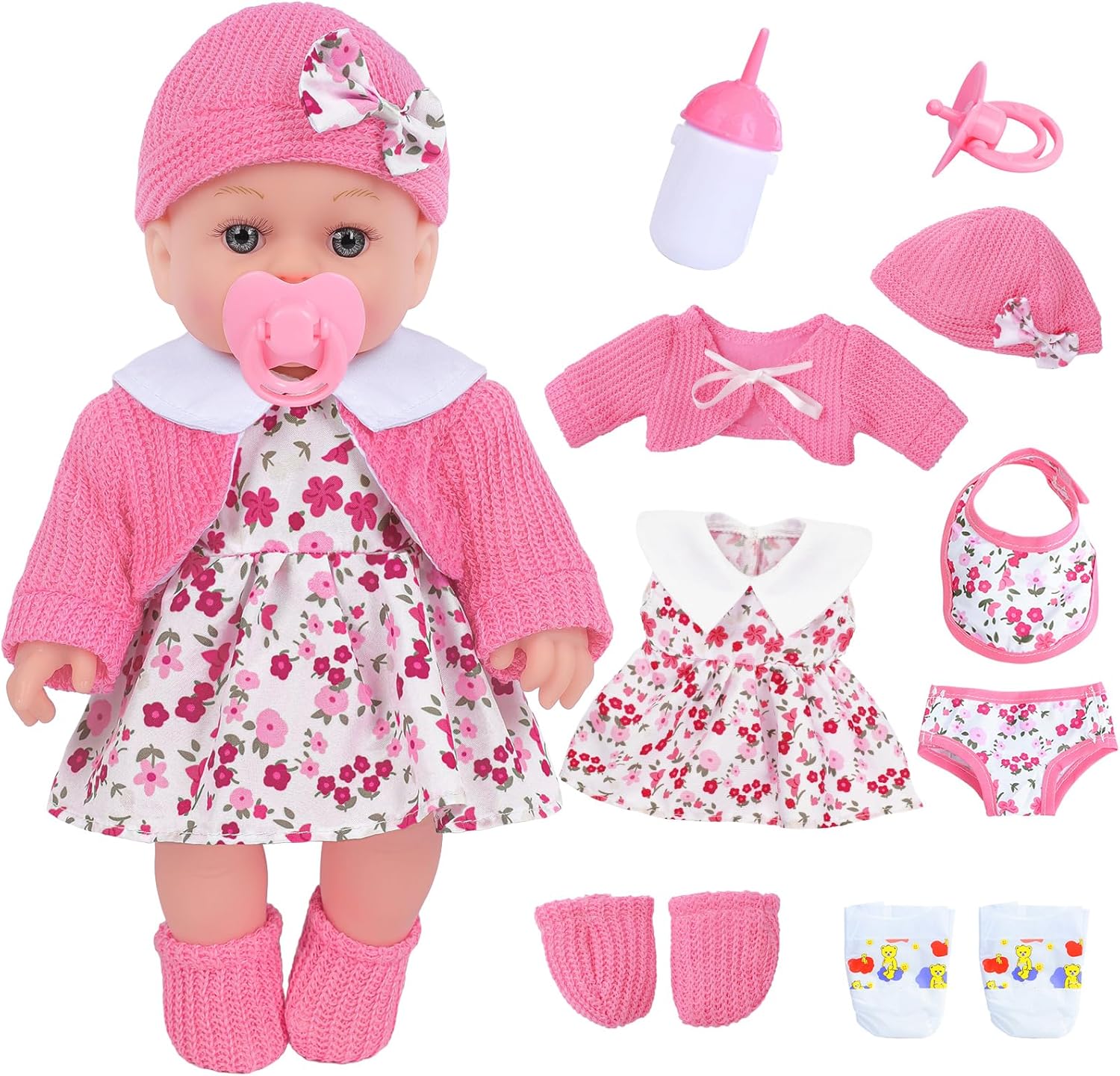 ZNTWEI 12 Inch Baby Doll Playset with Reborn Baby Dolls Clothes and Accessories Including Bottles, Nipple, Diaper, Bib, Underpants