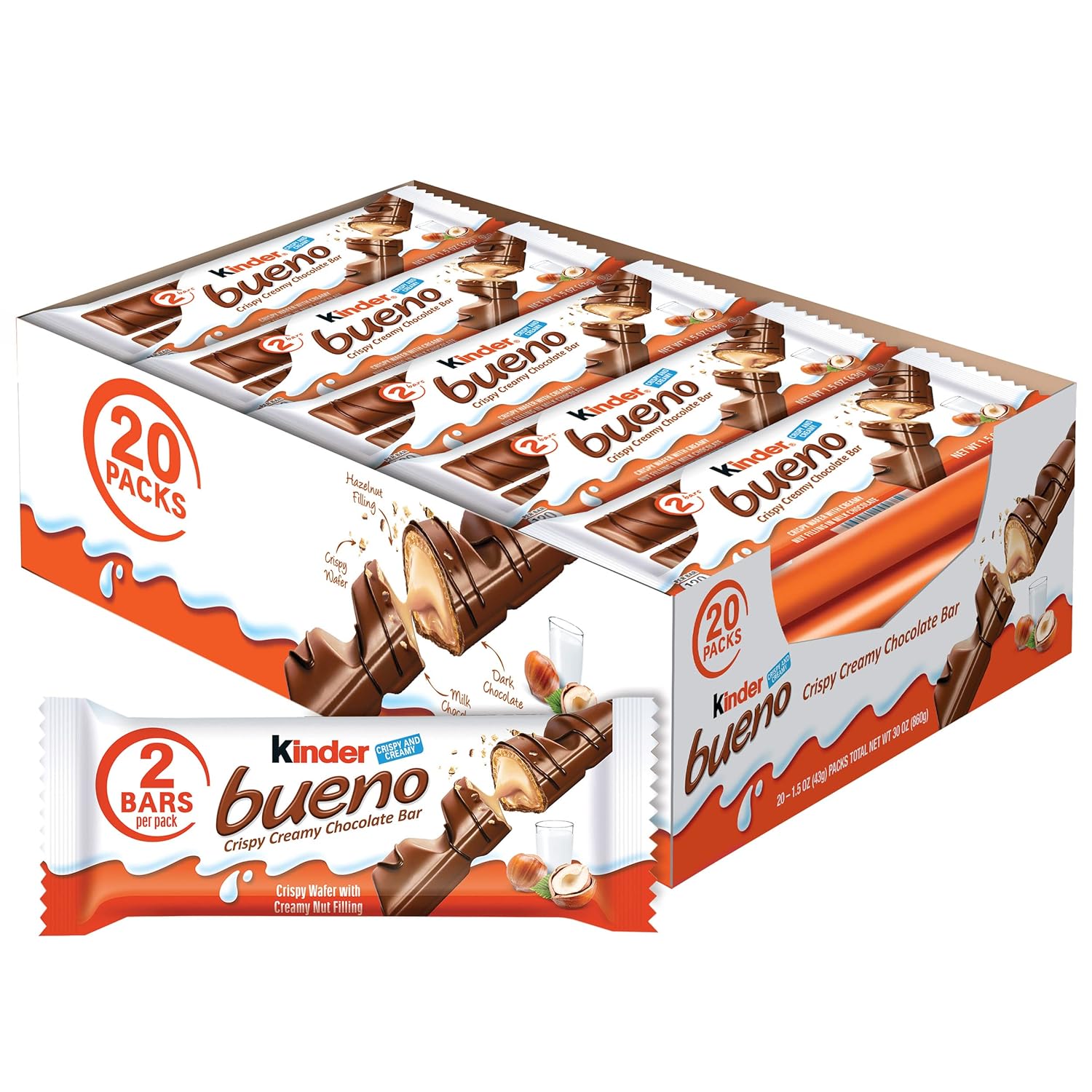 Kinder Bueno Milk Chocolate and Hazelnut Cream, Bulk 20 Pack, 2 Individually Wrapped Chocolate Bars Per Pack, 30 oz