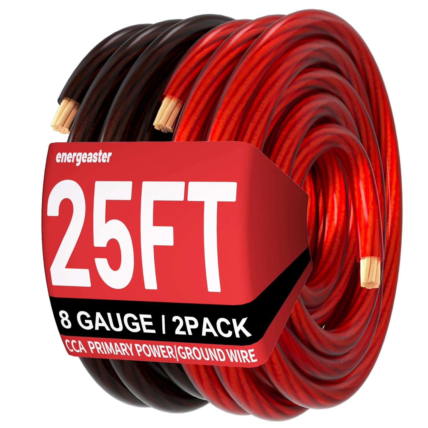 8 Gauge 25ft Black/Red CCA Wire, Low Voltage Primary Automotive or Ground Cable, Battery Cable, 8AWG, Car Audio, Car Amplifier Power, Translucent Jacket