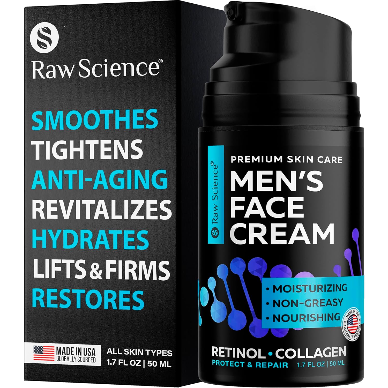 Men's Face Cream: Retinol Anti Aging Face Moisturizer for Men with Collagen, Hyaluronic Acid - Day & Night Anti Wrinkle Mens Skin Care - Vitamins E & A, Avocado Oil Facial Moisturizer for Man - 1.7 Oz