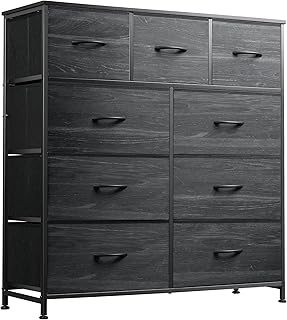 WLIVE 9-Drawer Dresser, Fabric Storage Tower for Bedroom, Entryway, Closet, Tall Chest Organizer Unit with Fabric Bins, Steel Frame, Wood Top, Easy Pull Handle, Charcoal Black Wood Grain Print
