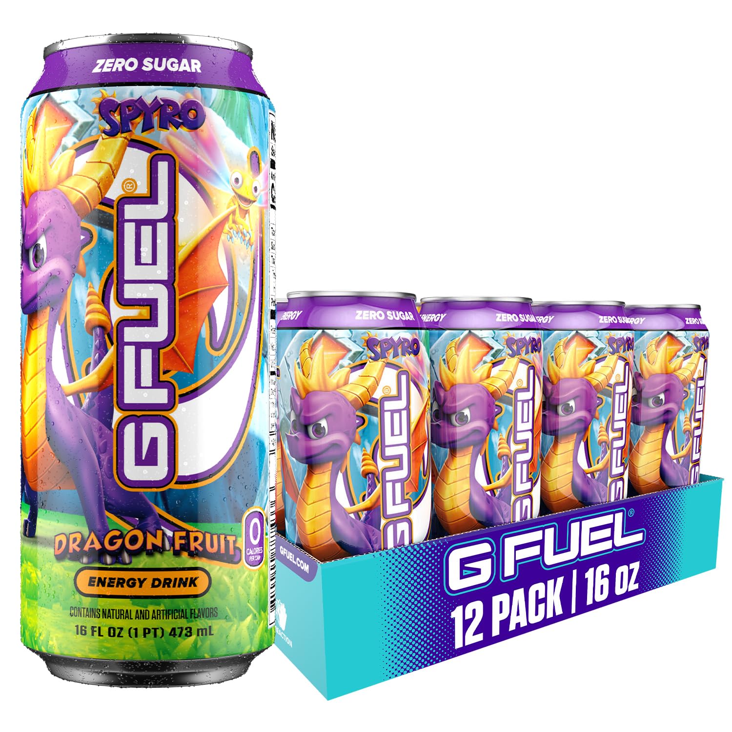 G Fuel Energy Drink, Dragon Fruit, Sugar Free Beverage with 140mg Caffeine, Daily Energy Boost with Focus Amino, Vitamin + Antioxidants, 16 oz Cans (Spyro the Dragon, 12-Pack)