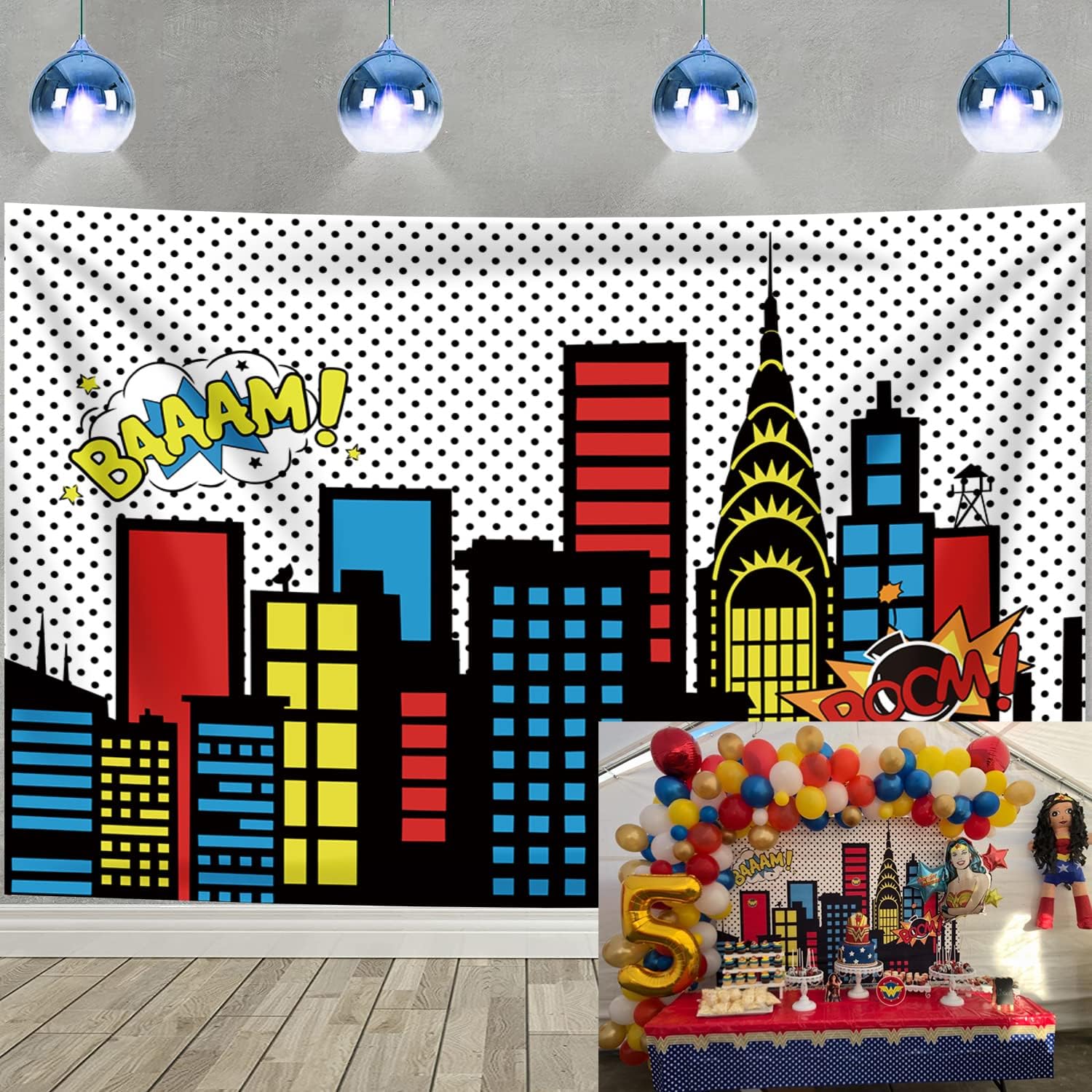 Superhero Super City Backdrop Skyline Building City Supermen Theme Kids Photography Background Newborn Baby Shower Boy Birthday Party Cake Table Decoration Photo Props (8x6FT 1.8mx1.2m)