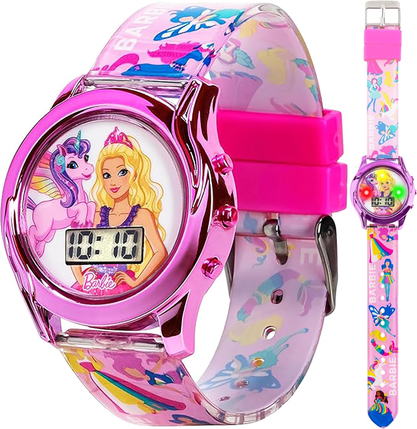 Mattel Barbie Kids Digital LCD Watch with Curved Bezel, Flashing Dial Lights and Printed Pink Strap Featuring Barbie and Unicorn Graphics Ages 4+ Fits Wrists 5.5"-8"
