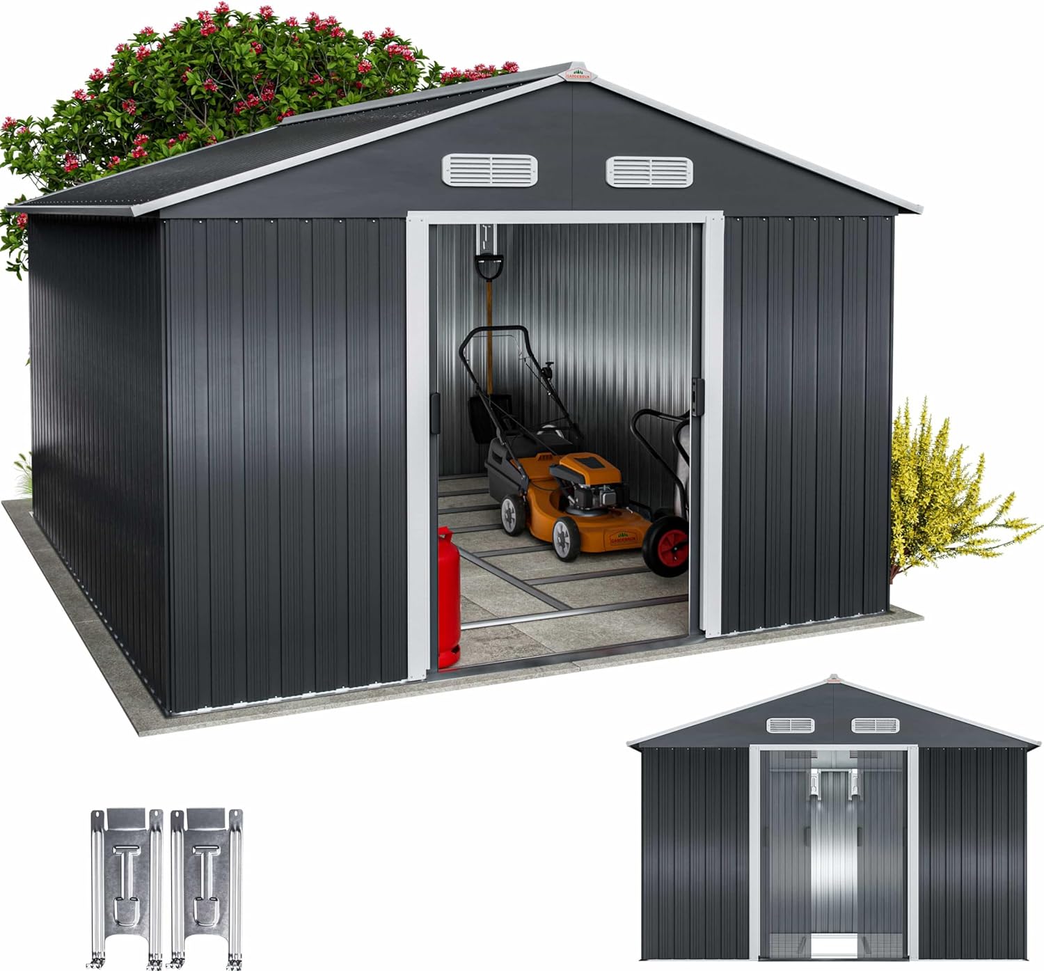 GARDEBRUK® XXXL 8x10' Metal Tool Shed With Foundation | 8m² 15m³ | Apex Roof | 315x260x180cm | Sliding Door | Galvanised Steel Garden Equipment Bike Log Storage | Anthracite