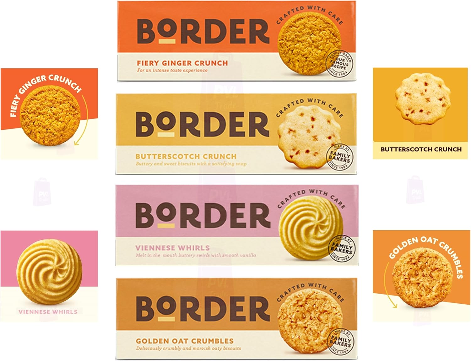 Pack of 4 Delicious Border Biscuits Selection - Butterscotch Crunch, Golden Oat Crumbles, Viennese Whirls and Ginger Crunch - Suitable for Vegetarians