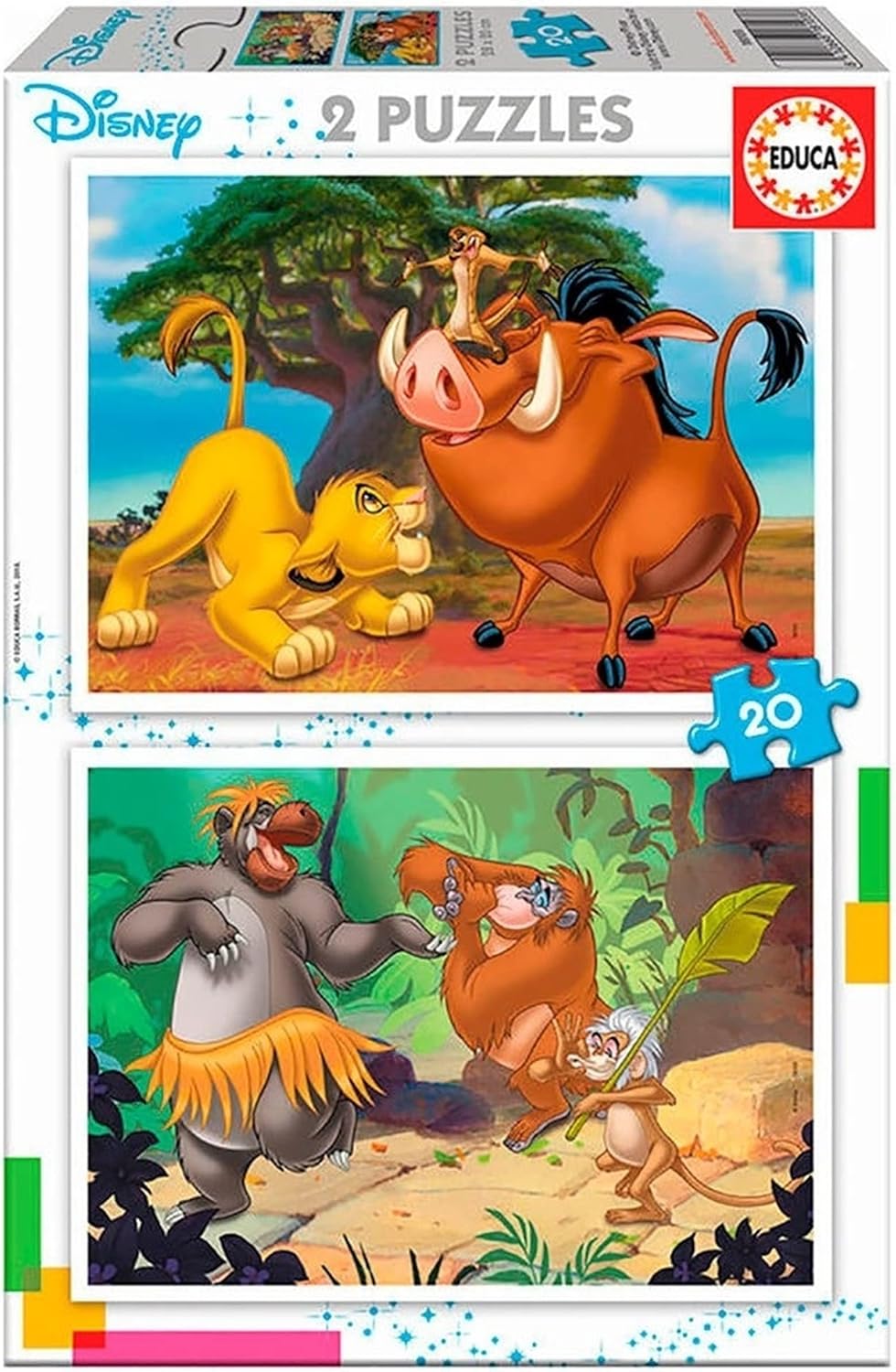 Educa - Disney Animals Lion King, Jungle Book, Simba, Baloo 2 Puzzles x 20 Pieces, Multicolor (18103)