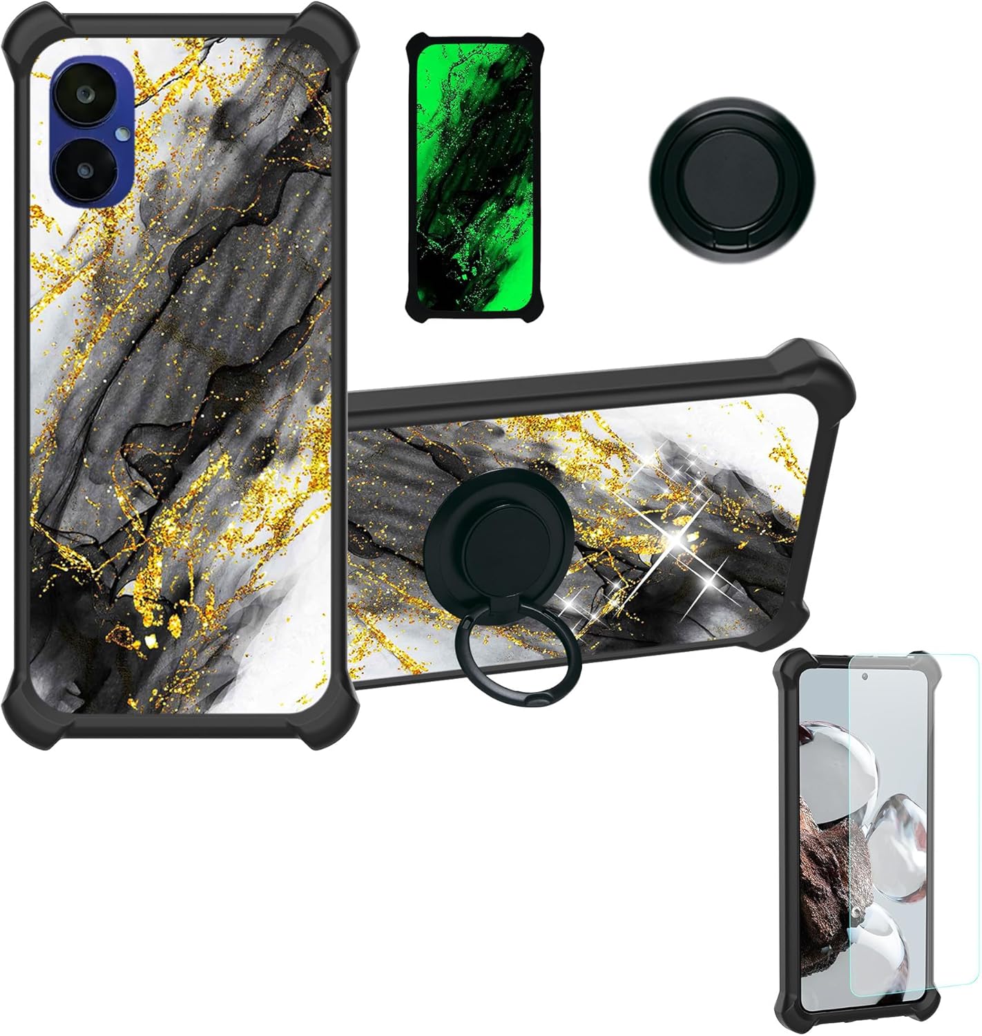 Nuu A15 Case Compatible with Nuu Mobile A15 Phone Case Cover [Hard PC + Soft Silicone][Ring Support] [Gold Glitter+Luminous] JSH-HDL