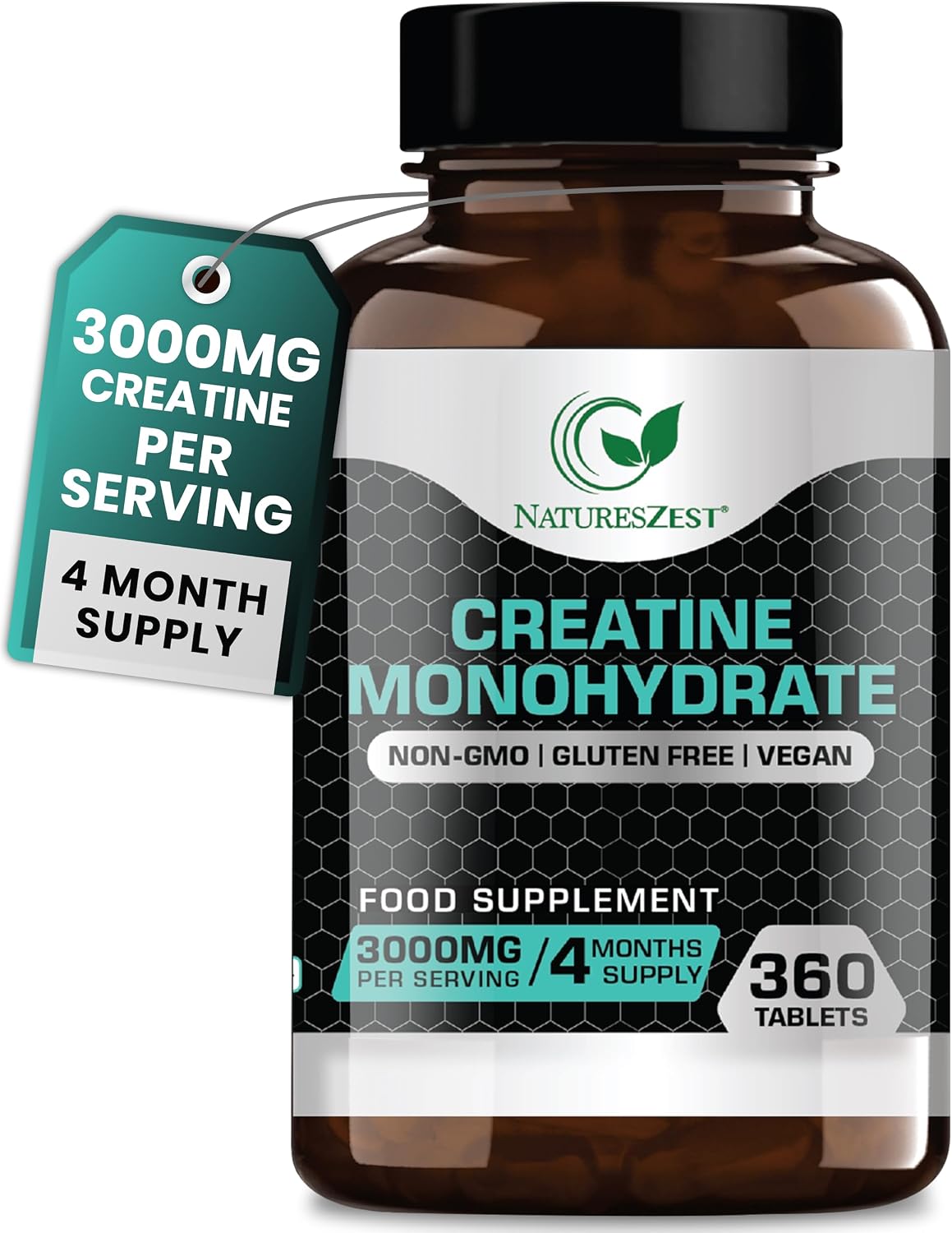 Nature's Zest Creatine Monohydrate Tablets 3000mg – 360 Tabs, Gym Energy Supplement for Men & Women, Non-GMO, Gluten Free, Vegan Tablets - Keto Unflavoured, for Performance & Muscle Power