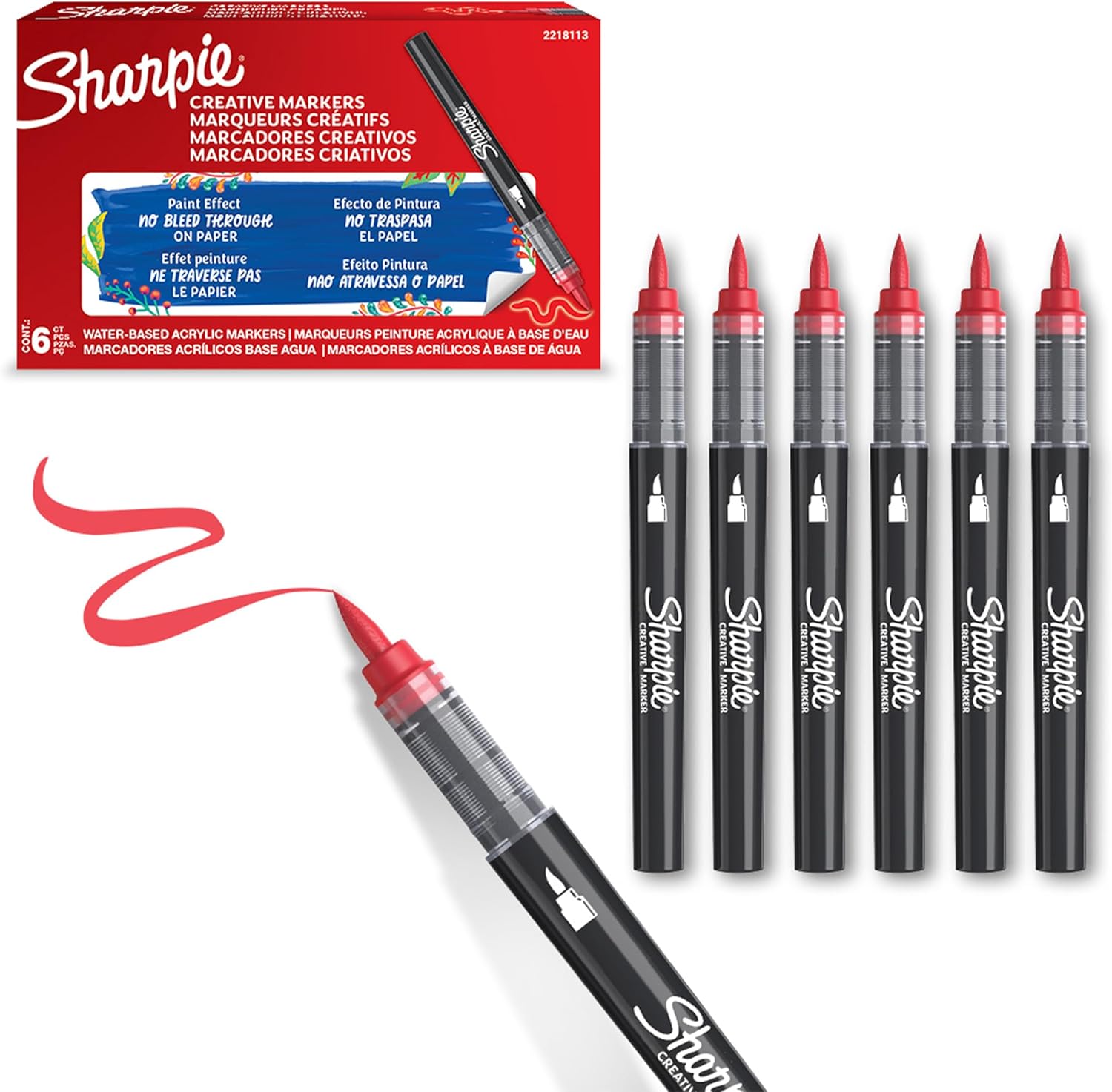 Sharpie Creative Marker Acrylic Paint Pens | Brush Tip Water-Based Paint Markers | Red | No-Bleed Ink Writes on Most Surfaces | Crafting & Art Supplies | 6 Count