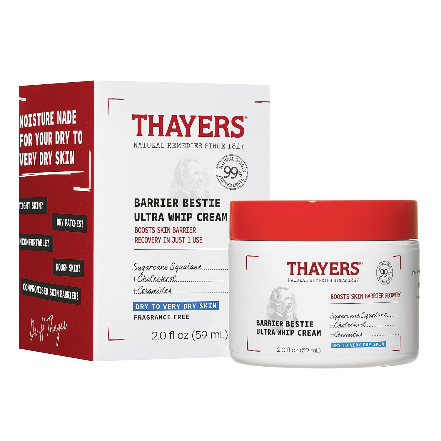 THAYERS Barrier Bestie Ultra Whip Face Cream, Moisturizer with Sugarcane Squalane and Ceramides, Skin Care for Dry to Very Dry Skin, 2.0 Oz