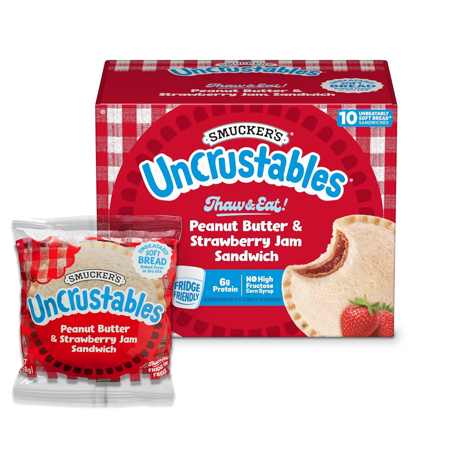 Smucker’s Uncrustables Peanut Butter & Strawberry Jam Frozen Sandwiches, 10 | 2-oz. sandwiches, Fridge Friendly for up to 5 days, Unbeatably Soft Bread baked with no artificial preservatives