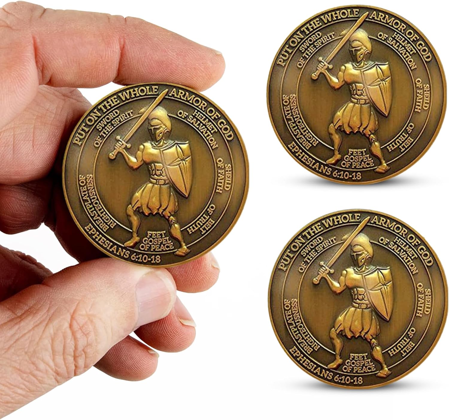 3pc Armor of God Challenge Coin, Ephesians 6:10 Bible Verse - 1.75" Antique Gold Plated Christian Challenge Coin - Motivational Commemorative Coins - Armor of God Gifts for Collectors, Bible Study