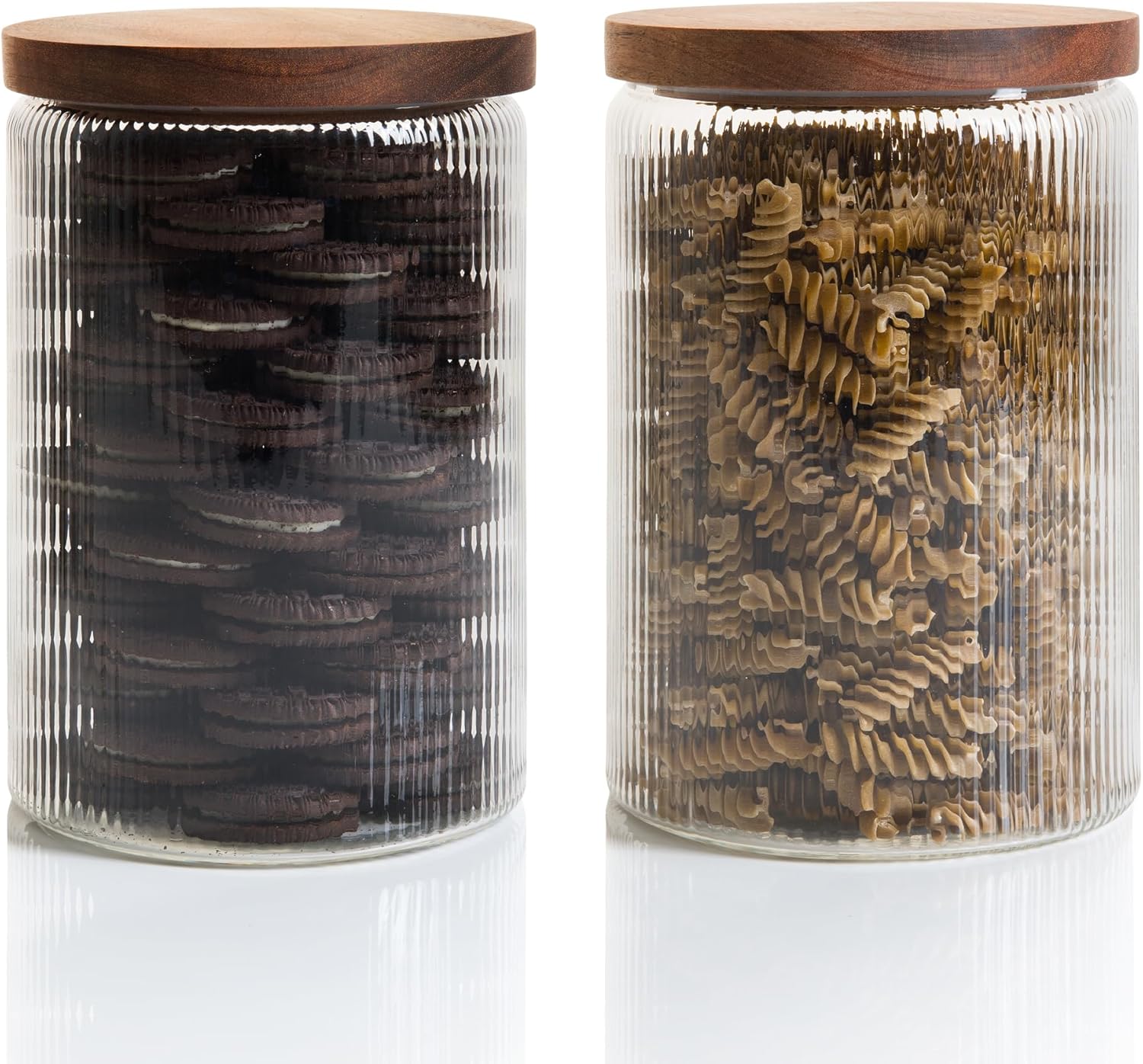 Mason & Fable Ribbed Glass Jar with Wooden Lid 70fl.oz/ 2.1L- Set of 2 | Airtight Glass Storage Canister for Biscuits, Pasta, Dog Treats, Snacks | Container for Home & Kitchen