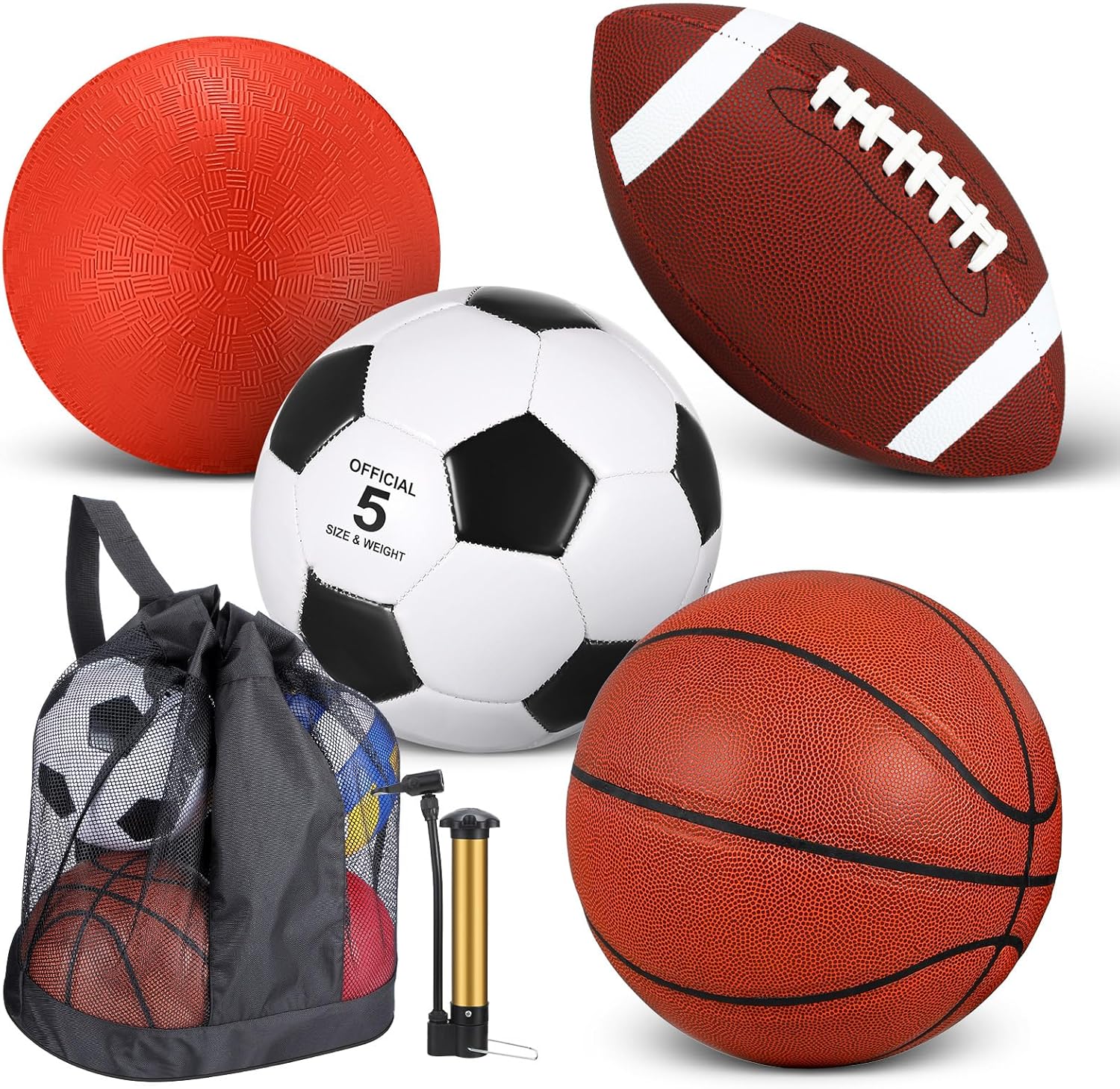 Lenwen 4 Pcs Sports Balls Set, Include Official Size Basketball Soccer Football Playground Ball Pump Equipment Bag Recess Equipment Sport for Teen Adult Gift Back to School