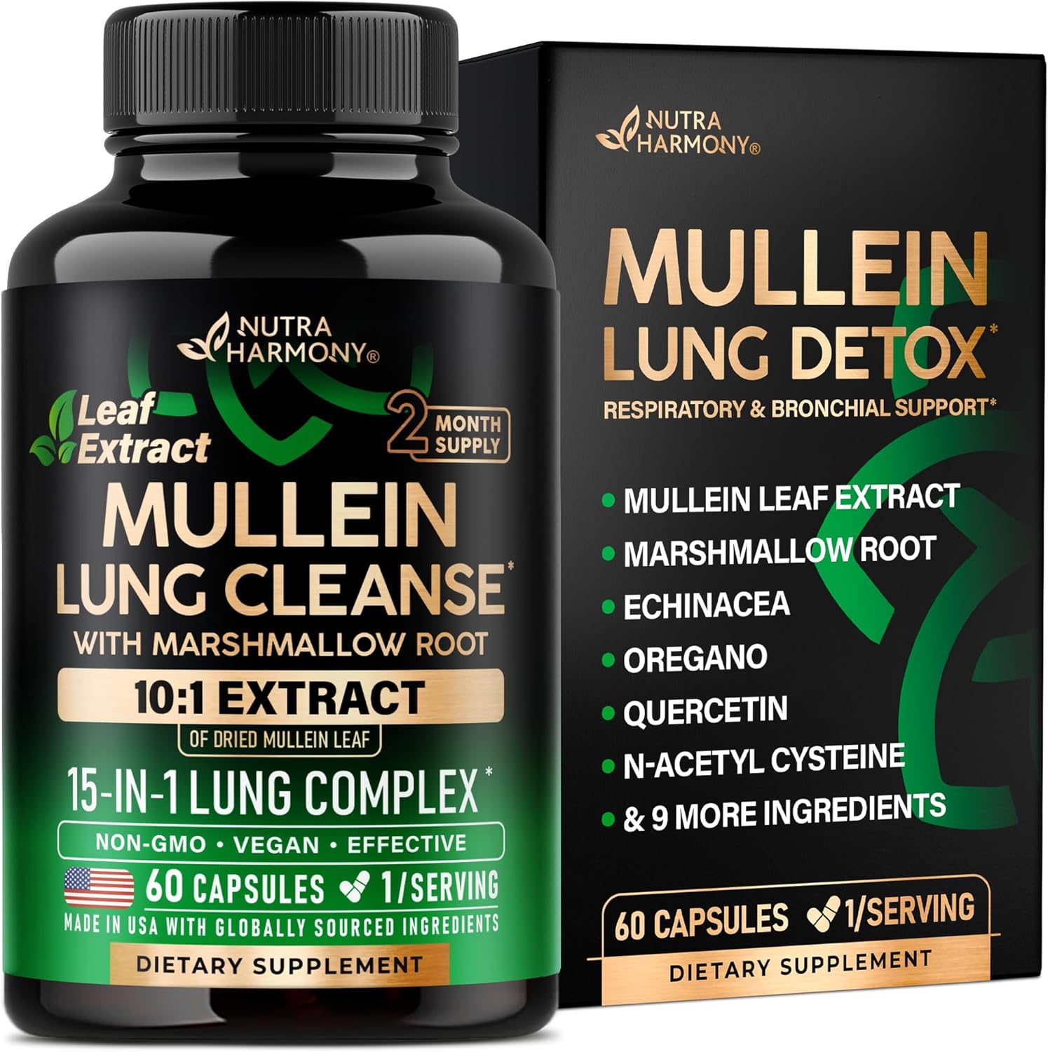 Mullein Lung Detox - Mullein Leaf 10:1 Extract - Marshmallow Root | Echinacea | Oregano | Quercetin | NAC - 15-in-1 Lung Support & Cleanse for Smokers Supplement - for Women & Men - 60 Vegan Capsules