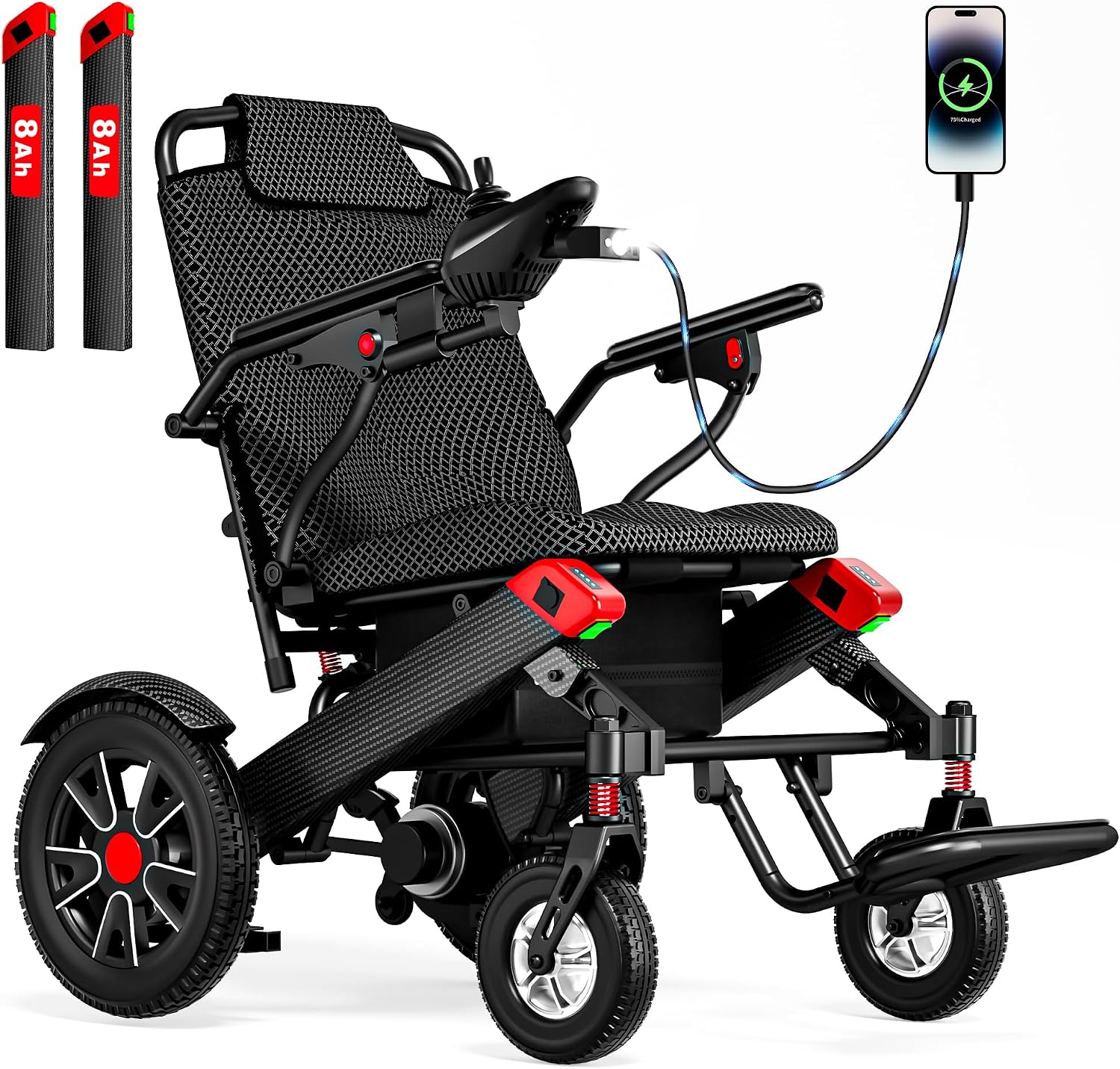 Electric Wheelchairs for Adults Foldable Motorized for Seniors, 20.3" Widened Space, 500W Power,24 Miles Range, Max Up 350LBS& LED Light&Dual Battery Slots, Airline Approval (2-Batteries Model)