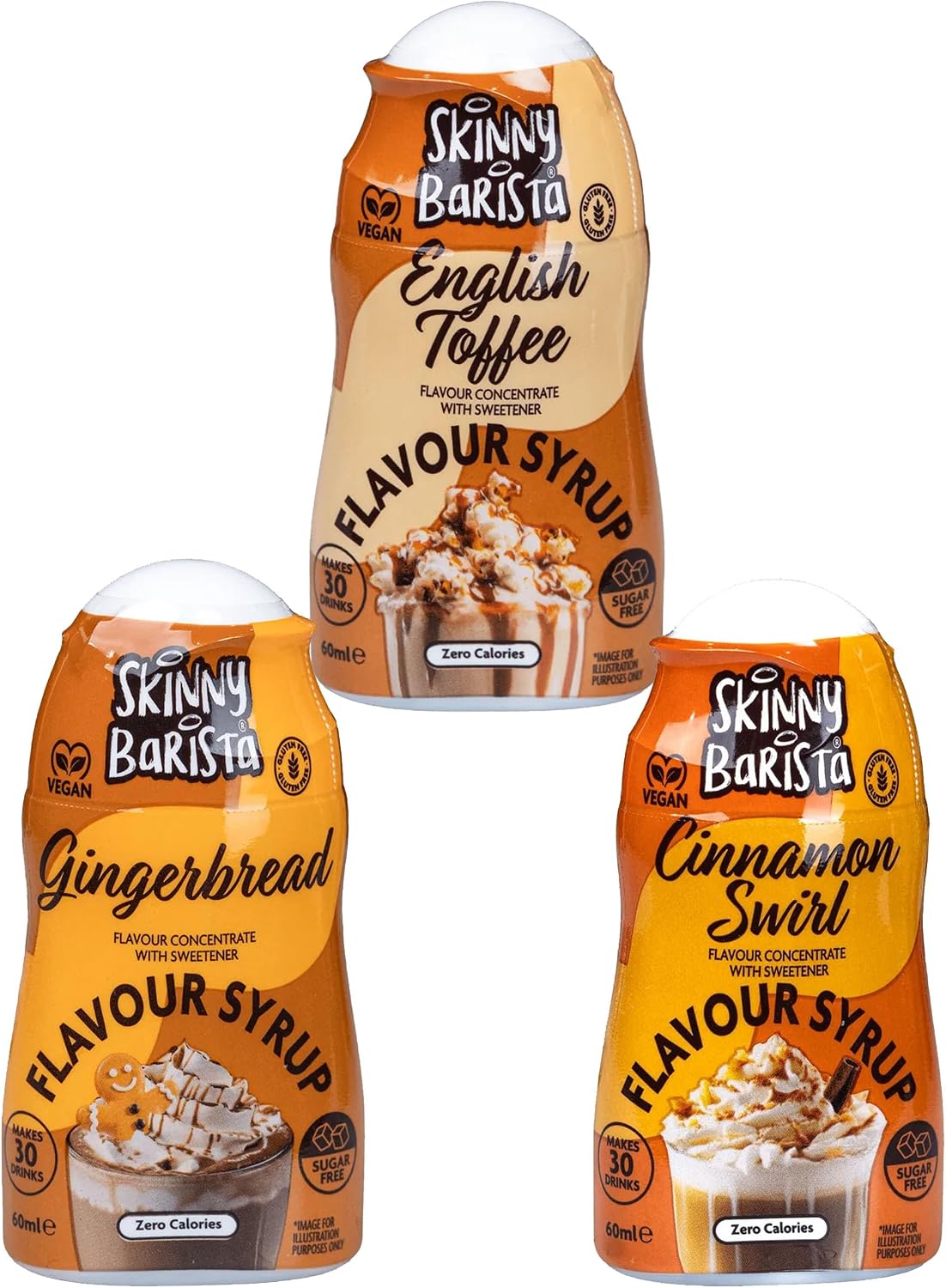 The Skinny Food Coffee Flavour Vegan Syrup Bundle Pack - Cinnamon, English Toffee & Gingerbread Concentrate with sweetener 60ml x Pack of 3