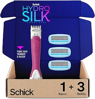 Schick Hydro Silk TrimStyle Razor for Women with Bikini Trimmer | 5-Blade Womens Razor with Trimmer, 2-in-1 Waterproof Pubic Hair Trimmer & Razor | 1 Handle & 3 Razor Blade Refills